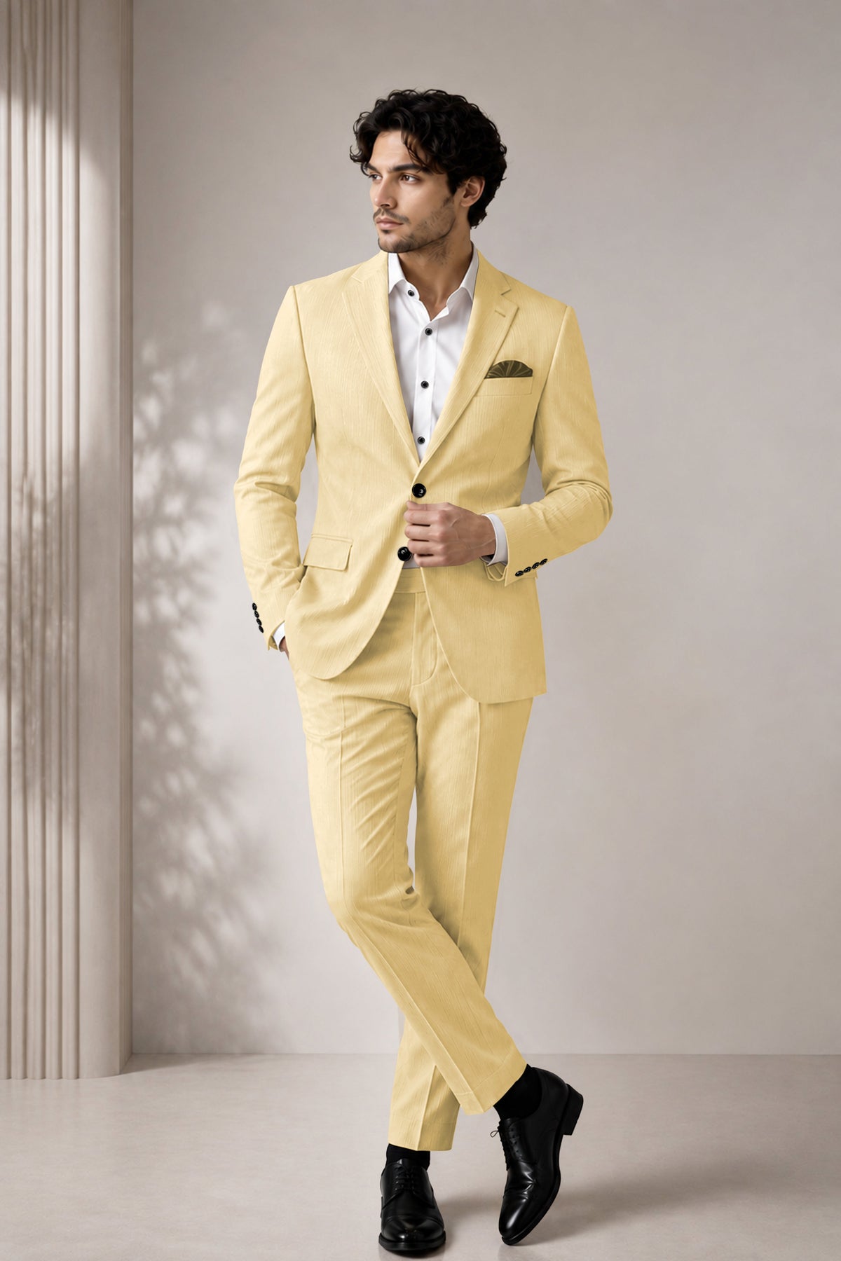 Dorian-Pavlova Cream Diamond Textured Wool Rich Slight Stretch Single Breasted Suit