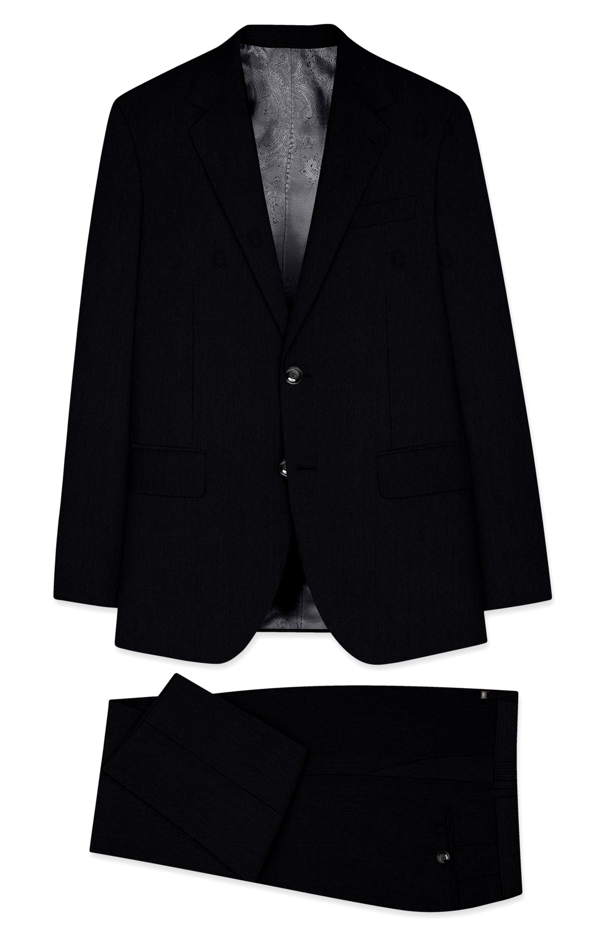 Onyx-Jade Black Diamond Textured Wool Rich Slight Stretch Single Breasted Suit