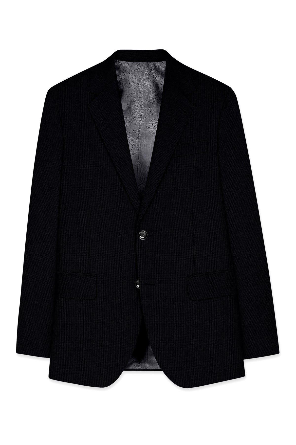 Onyx-Jade Black Diamond Textured Wool Rich Slight Stretch Single Breasted Suit