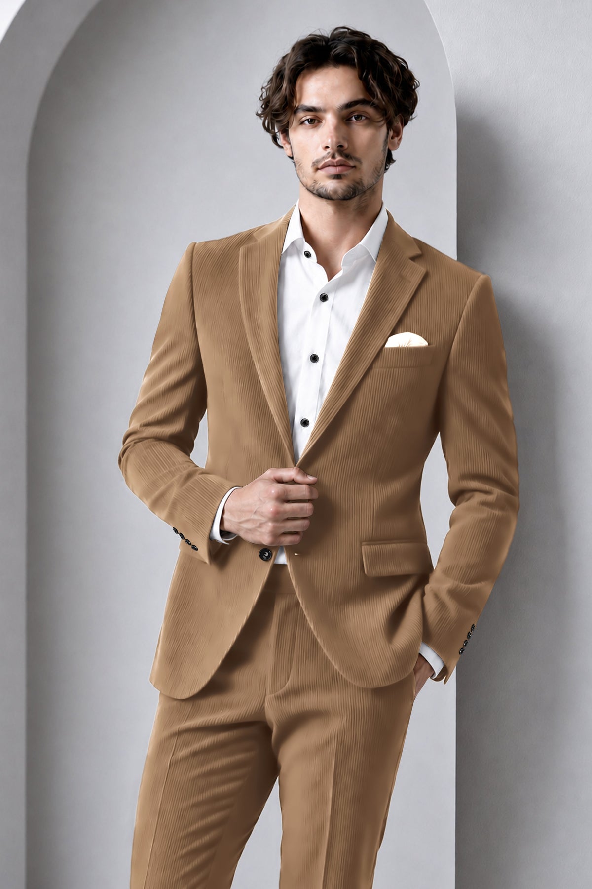 Weston-Millbrook Brown Diamond Textured Wool Rich Slight Stretch Single Breasted Suit