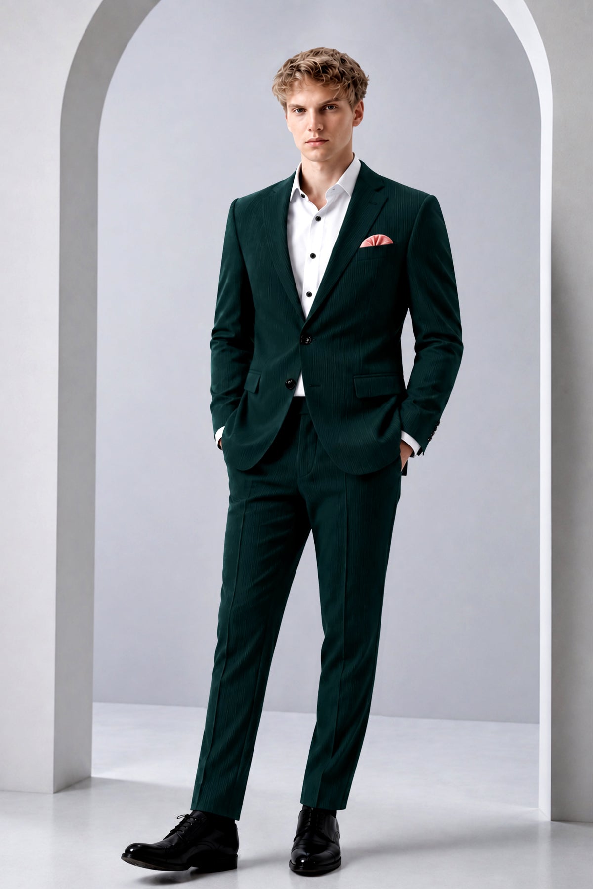 Viridian-Burnham Green Diamond Textured Wool Rich Slight Stretch Single Breasted Suit