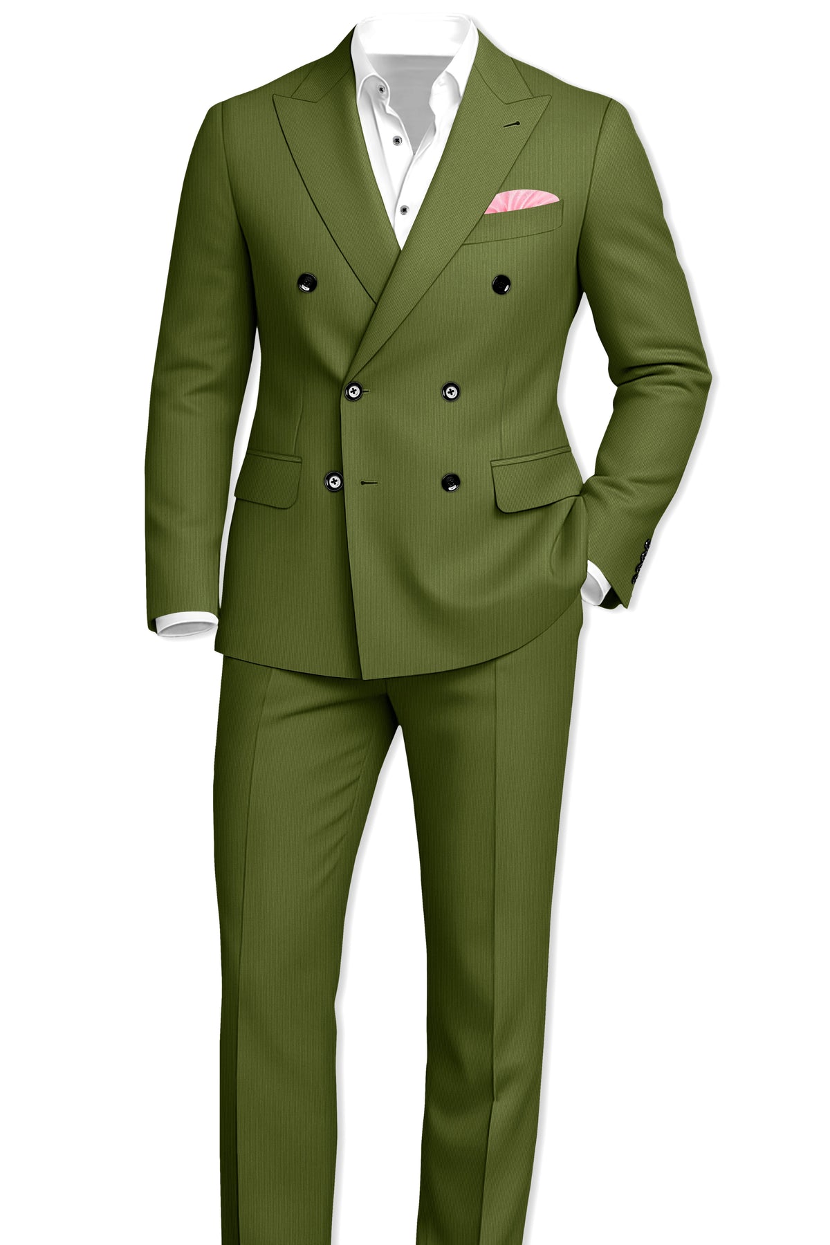 Hunter-Muddy Green Diamond Textured Wool Rich Slight Stretch Double Breasted Suit