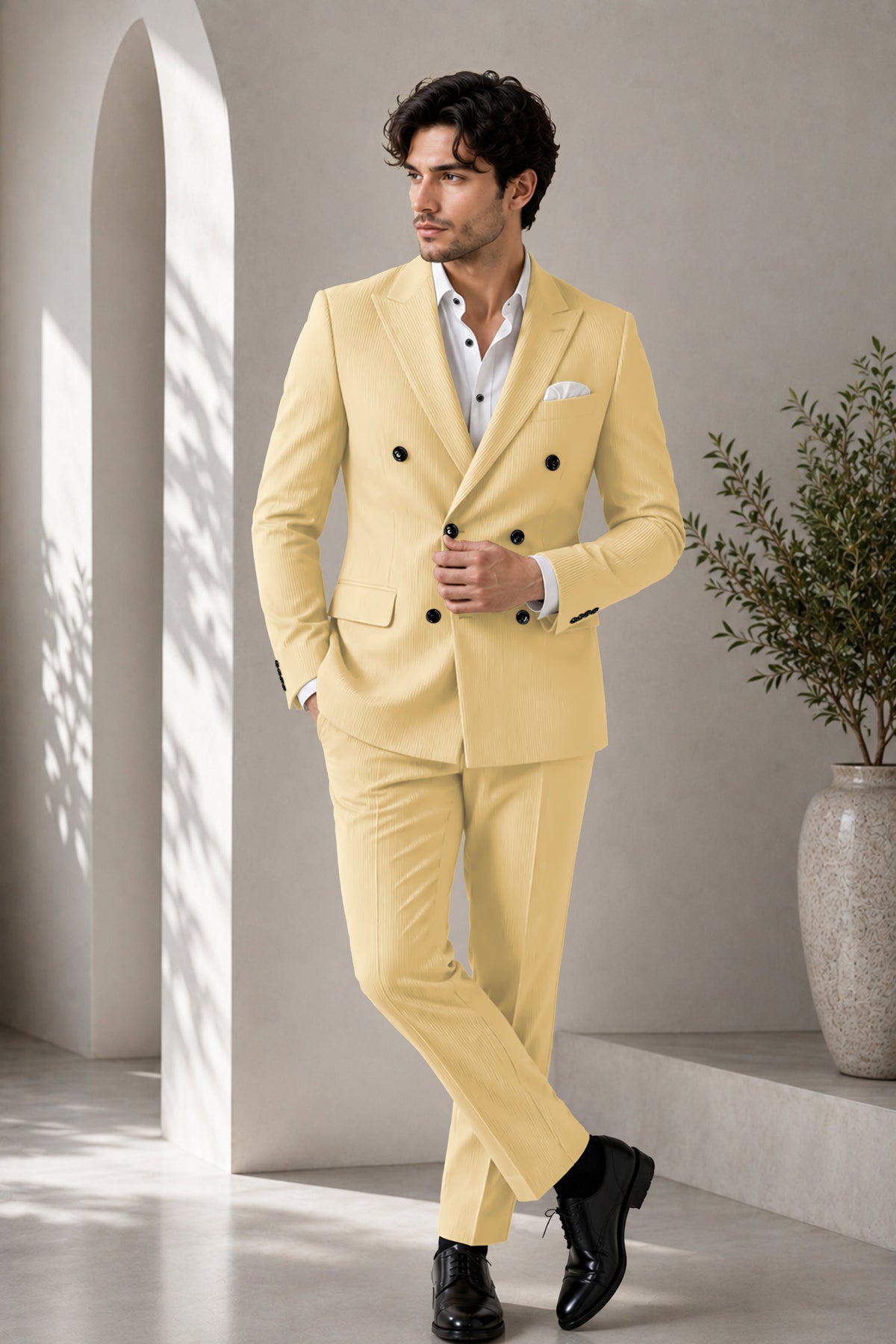 Dorian-Pavlova Cream Diamond Textured Wool Rich Slight Stretch Double Breasted Suit