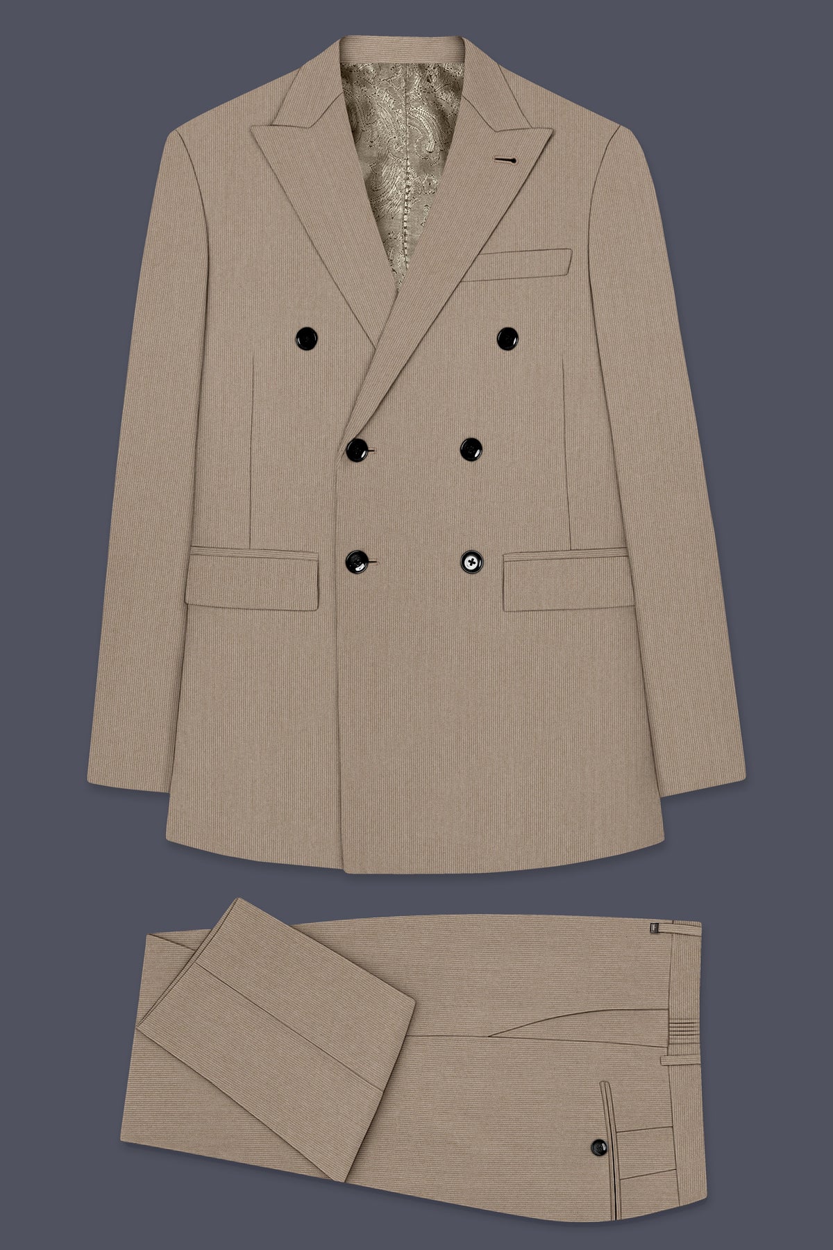 Terran-Sandrift Brown Diamond Textured Wool Rich Slight Stretch Double Breasted Suit