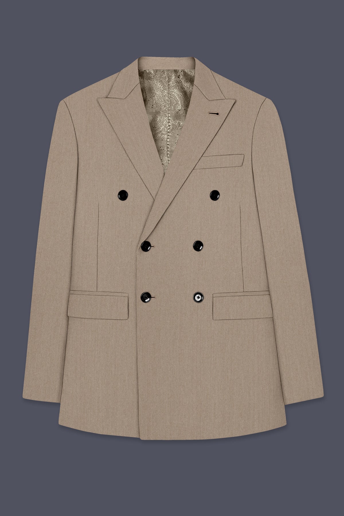 Terran-Sandrift Brown Diamond Textured Wool Rich Slight Stretch Double Breasted Suit