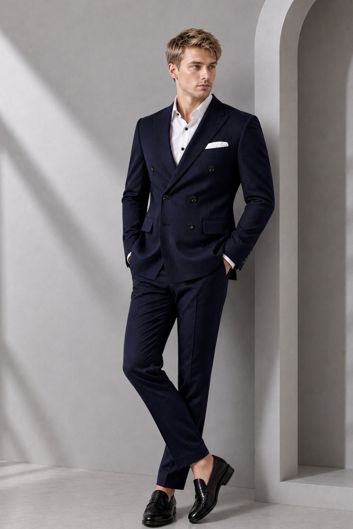 Valmont-Navy Blue Diamond Textured Wool Rich Slight Stretch Double Breasted Suit