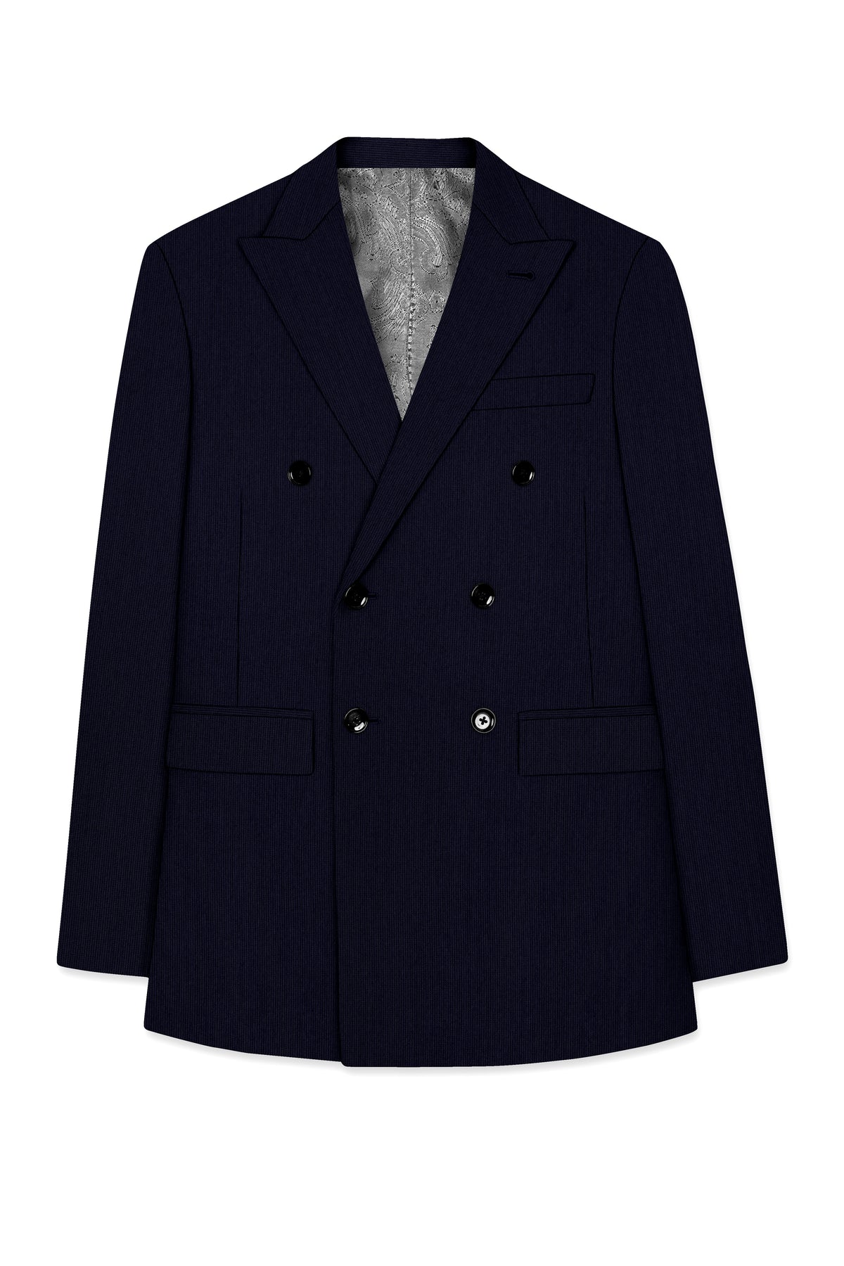 Valmont-Navy Blue Diamond Textured Wool Rich Slight Stretch Double Breasted Suit
