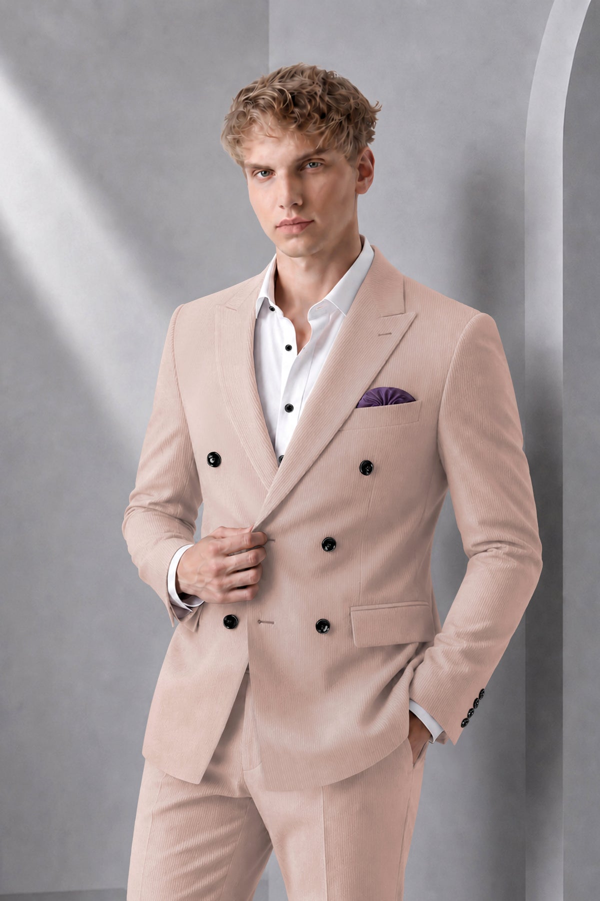 Amelio-Nomad Peach Diamond Textured Wool Rich Slight Stretch Double Breasted Suit