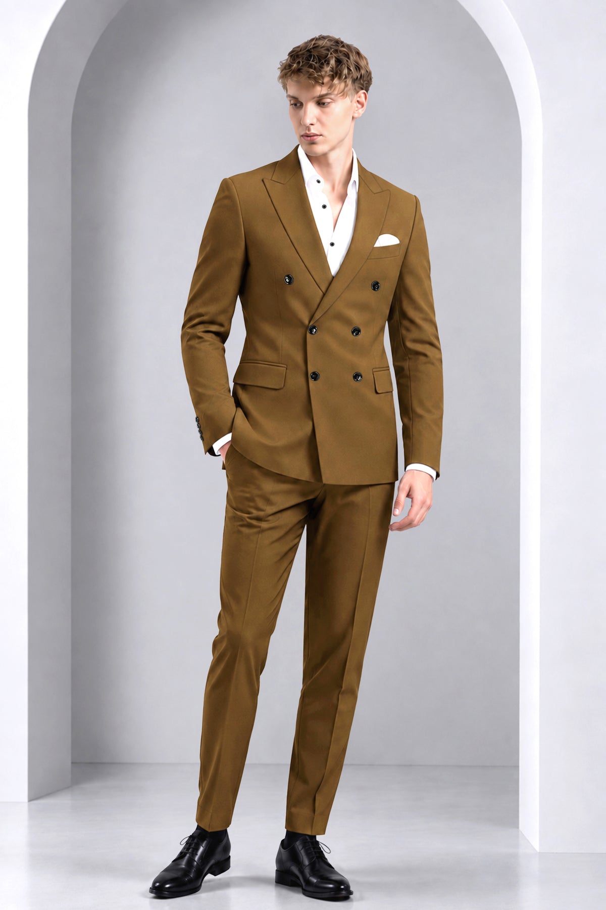 Sartoro-Otter Brown Diamond Textured Wool Rich Slight Stretch Double Breasted Suit