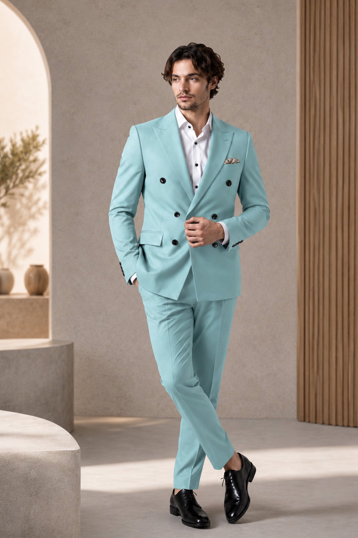 Eclipse-Hosta Blue Diamond Textured Wool Rich Slight Stretch Double Breasted Suit