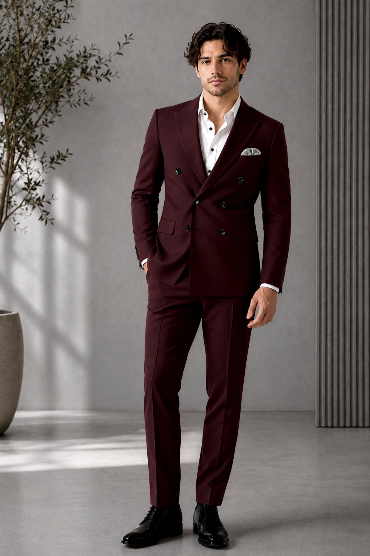Ardent-Creole Maroon Diamond Textured Wool Rich Slight Stretch Double Breasted Suit