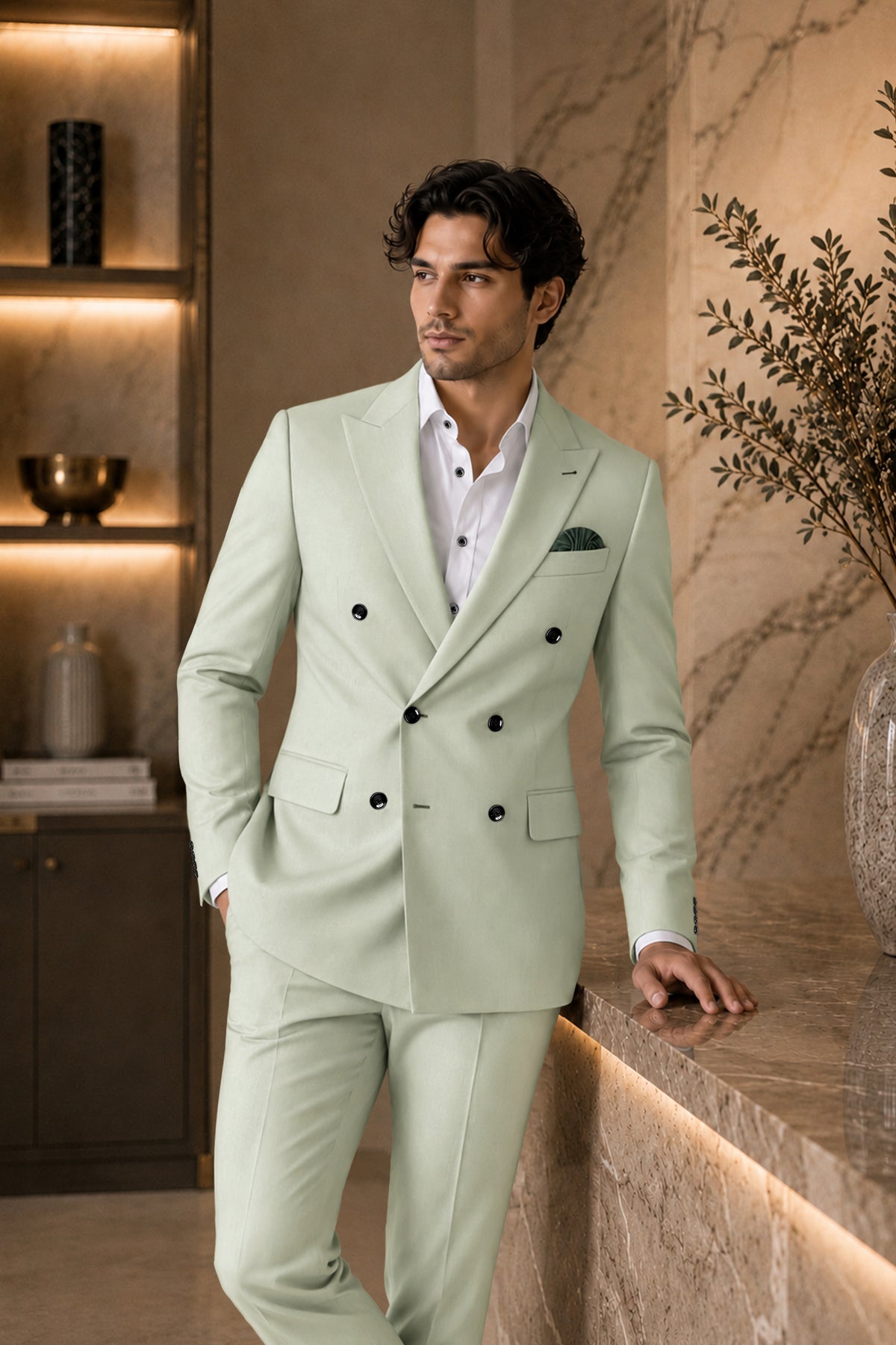 Olivier-Pixie Green Diamond Textured Wool Rich Slight Stretch Double Breasted Suit