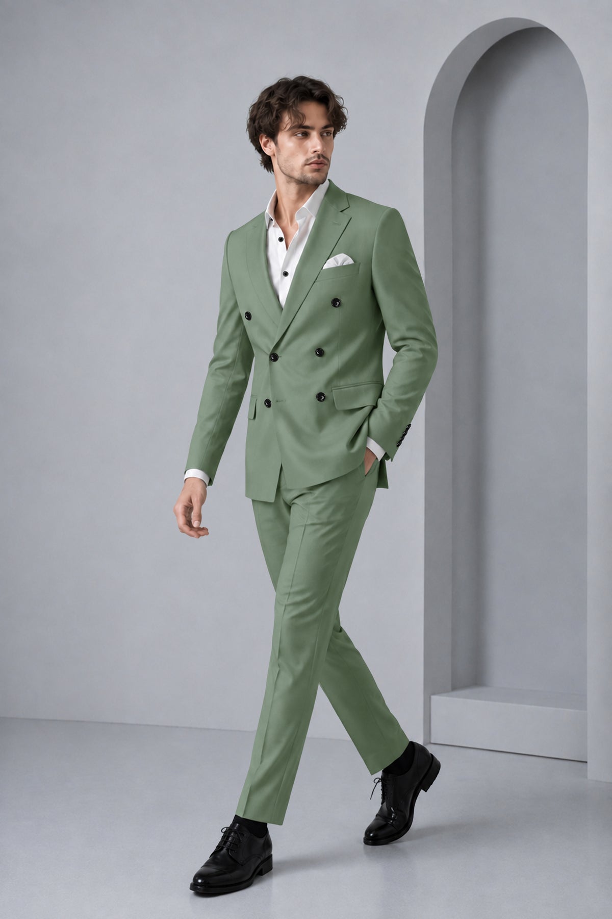 Avon-Glade Green Diamond Textured Wool Rich Slight Stretch Double Breasted Suit