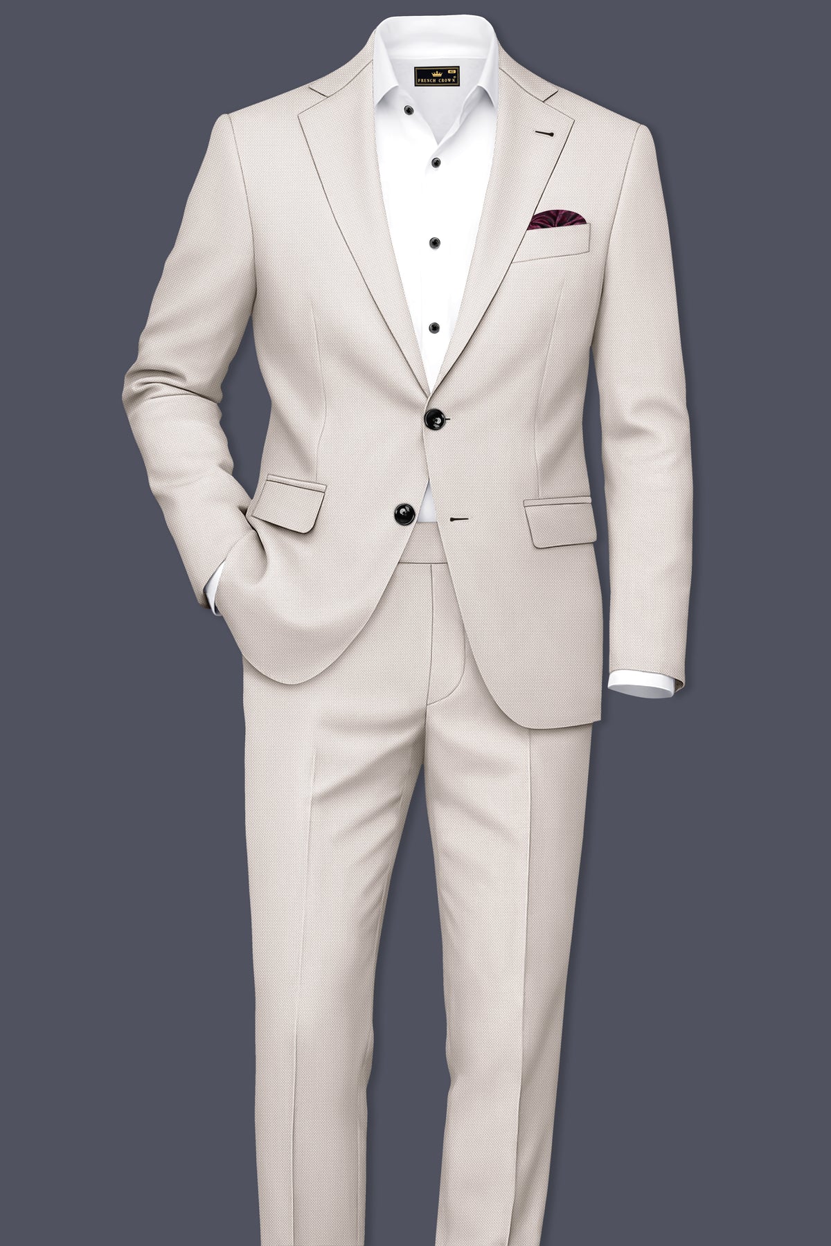 Dorian-Gainsboro Gray Diamond Textured Wool Rich Slight Stretch Single Breasted Suit