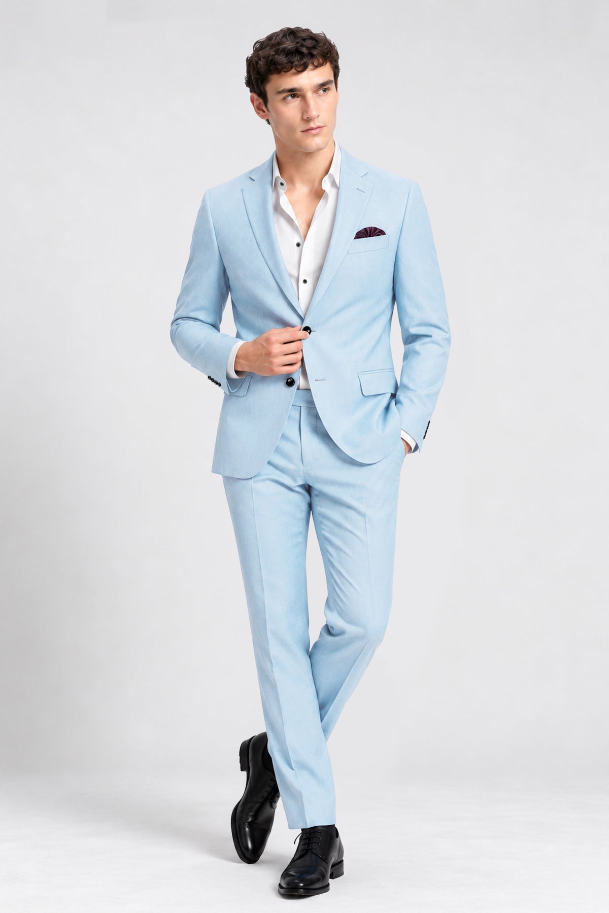Azure-Hawkes Blue Diamond Textured Wool Rich Slight Stretch Single Breasted Suit