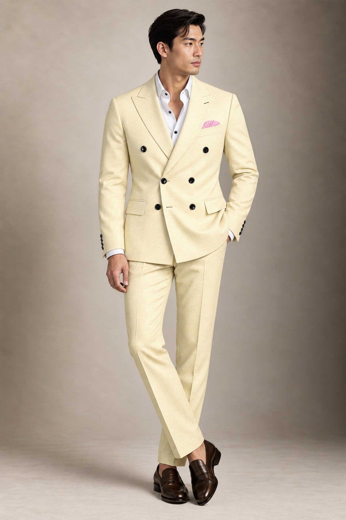 Lumine-Bavarian Cream Diamond Textured Wool Rich Slight Stretch Double Breasted Suit