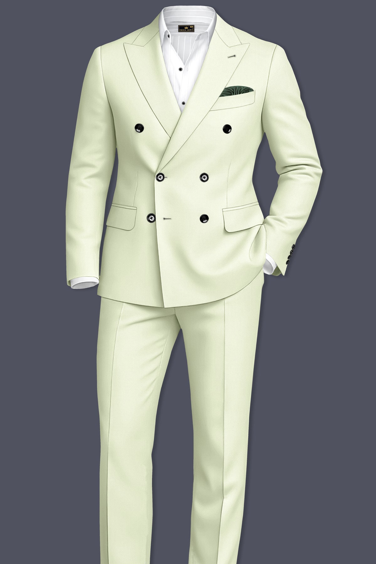 Verdant-Bud Green Diamond Textured Wool Rich Slight Stretch Double Breasted Suit