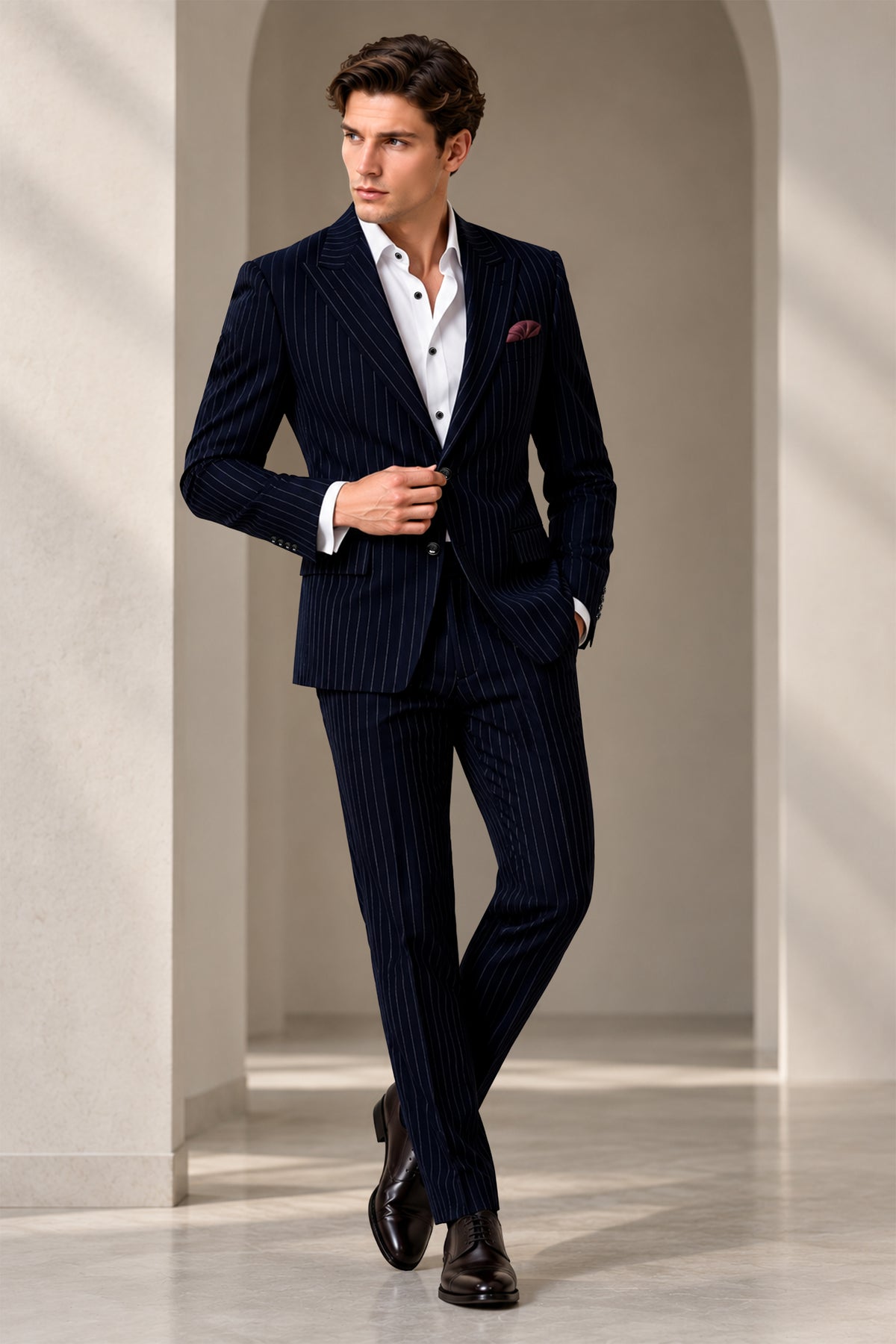 Windsor-Navy Blue Chalk Striped Wool Rich Wrinkle-Free Fluid Drape Fabric Single Breasted Suit
