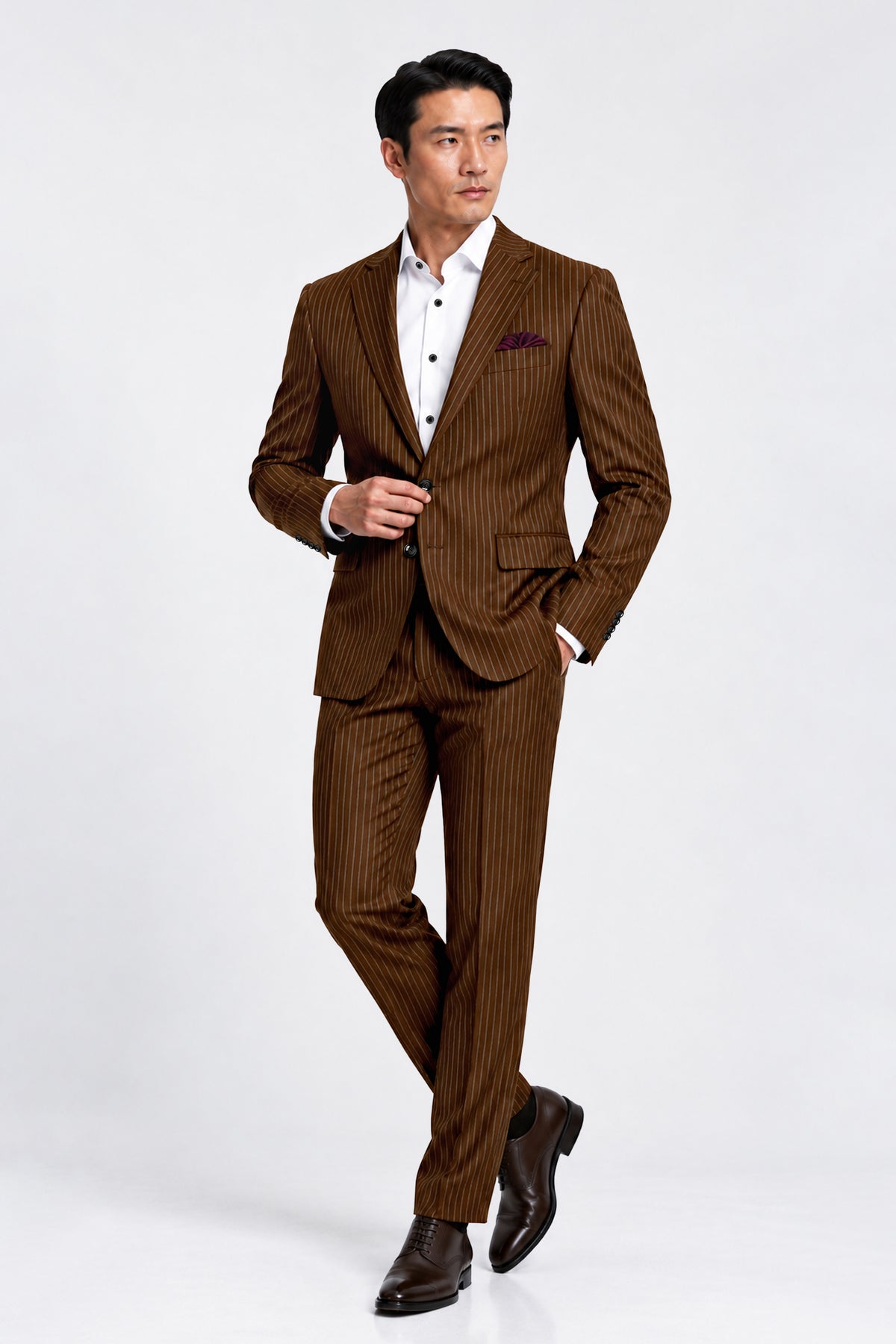 Everton-Clinker Brown Chalk Striped Wool Rich Wrinkle-Free Fluid Drape Fabric Single Breasted Suit