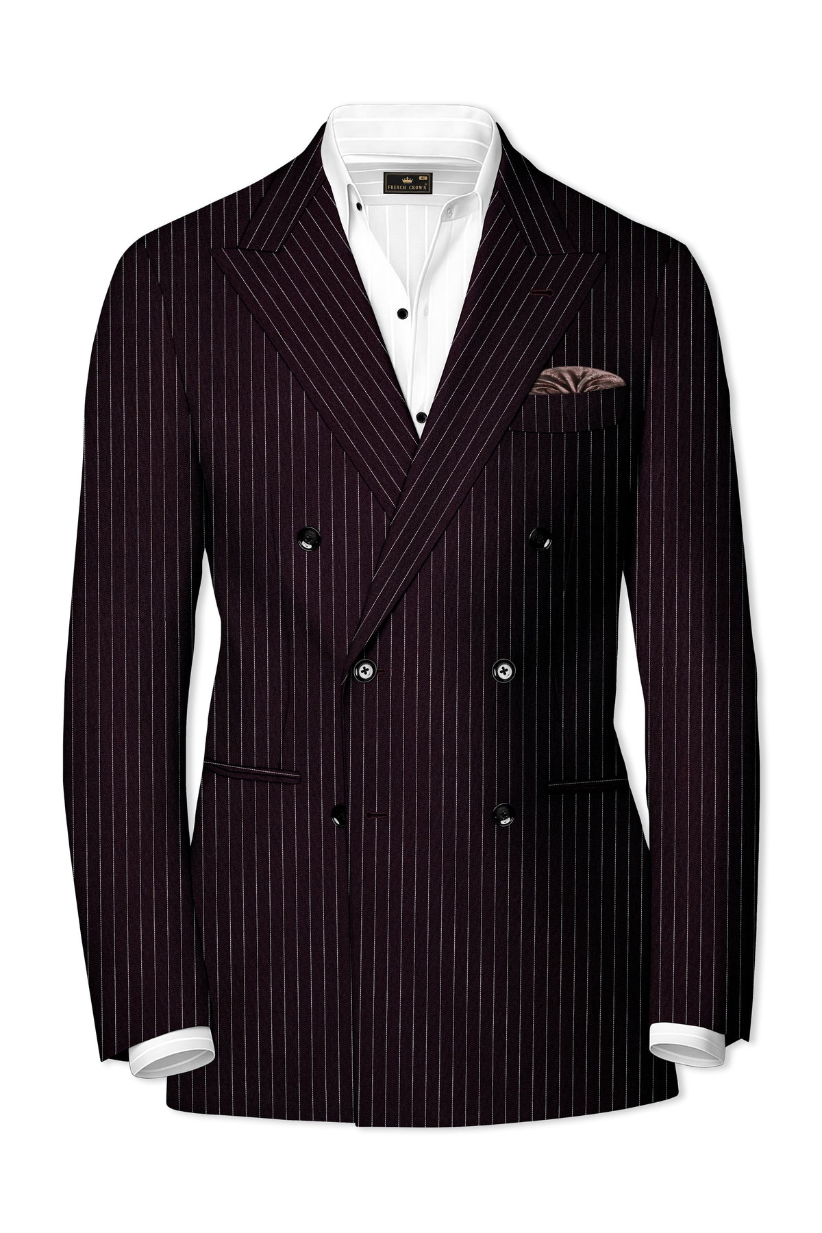 Vesper-Gondola Maroon Chalk Striped Wool Rich Wrinkle-Free Fluid Drape Fabric Double Breasted Suit