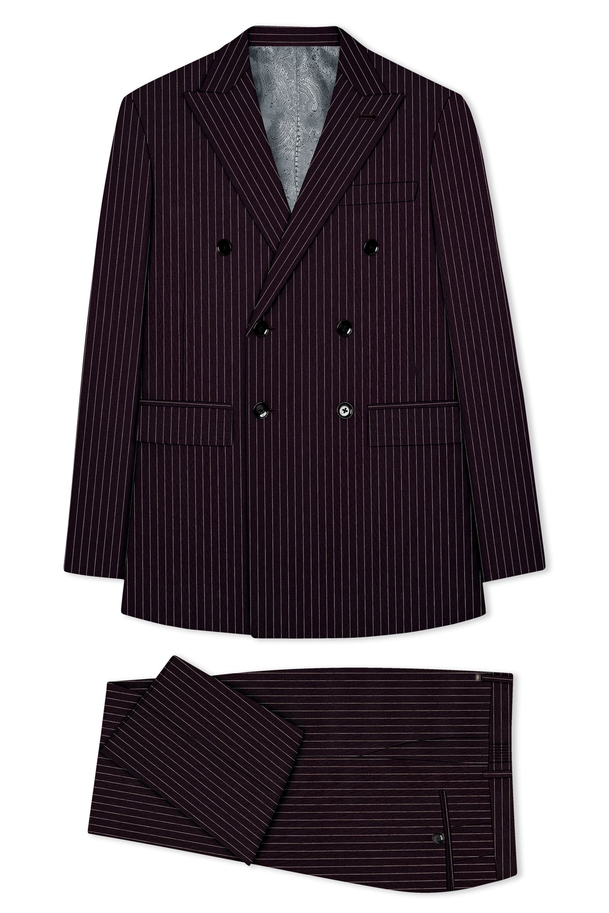 Vesper-Gondola Maroon Chalk Striped Wool Rich Wrinkle-Free Fluid Drape Fabric Double Breasted Suit