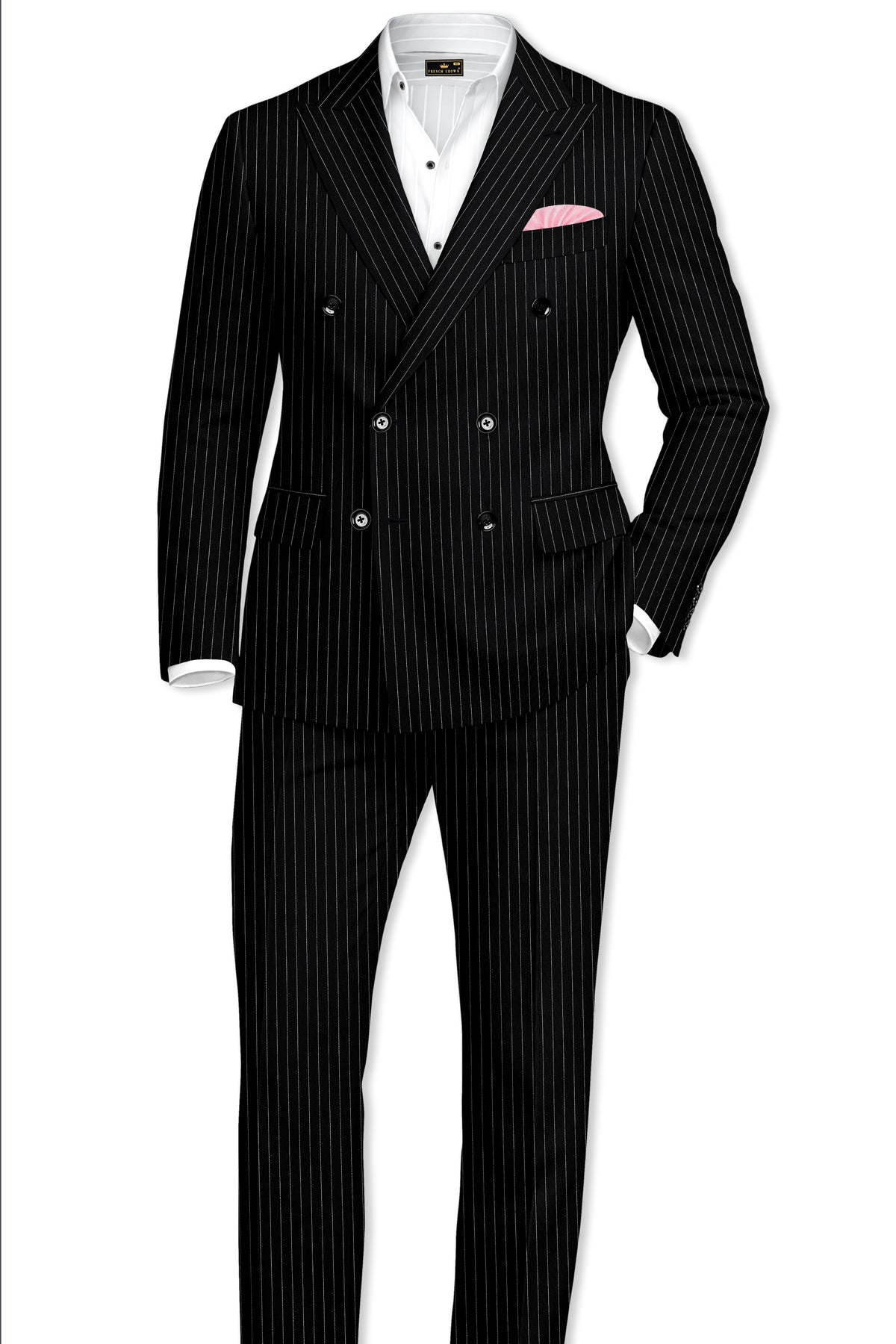 Noble-Jade Black Chalk Striped Wool Rich Wrinkle-Free Fluid Drape Fabric Double Breasted Suit