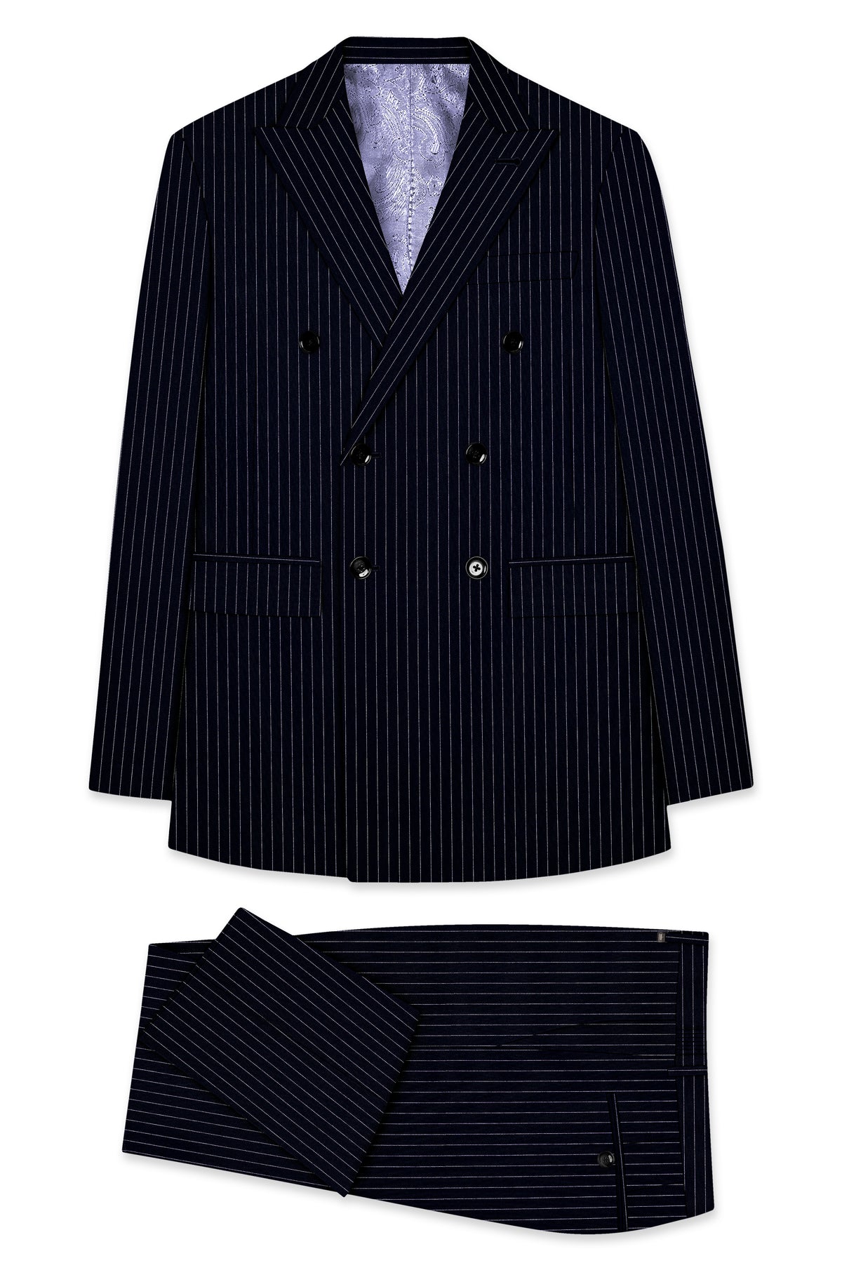 Windsor-Navy Blue Chalk Striped Wool Rich Wrinkle-Free Fluid Drape Fabric Double Breasted Suit