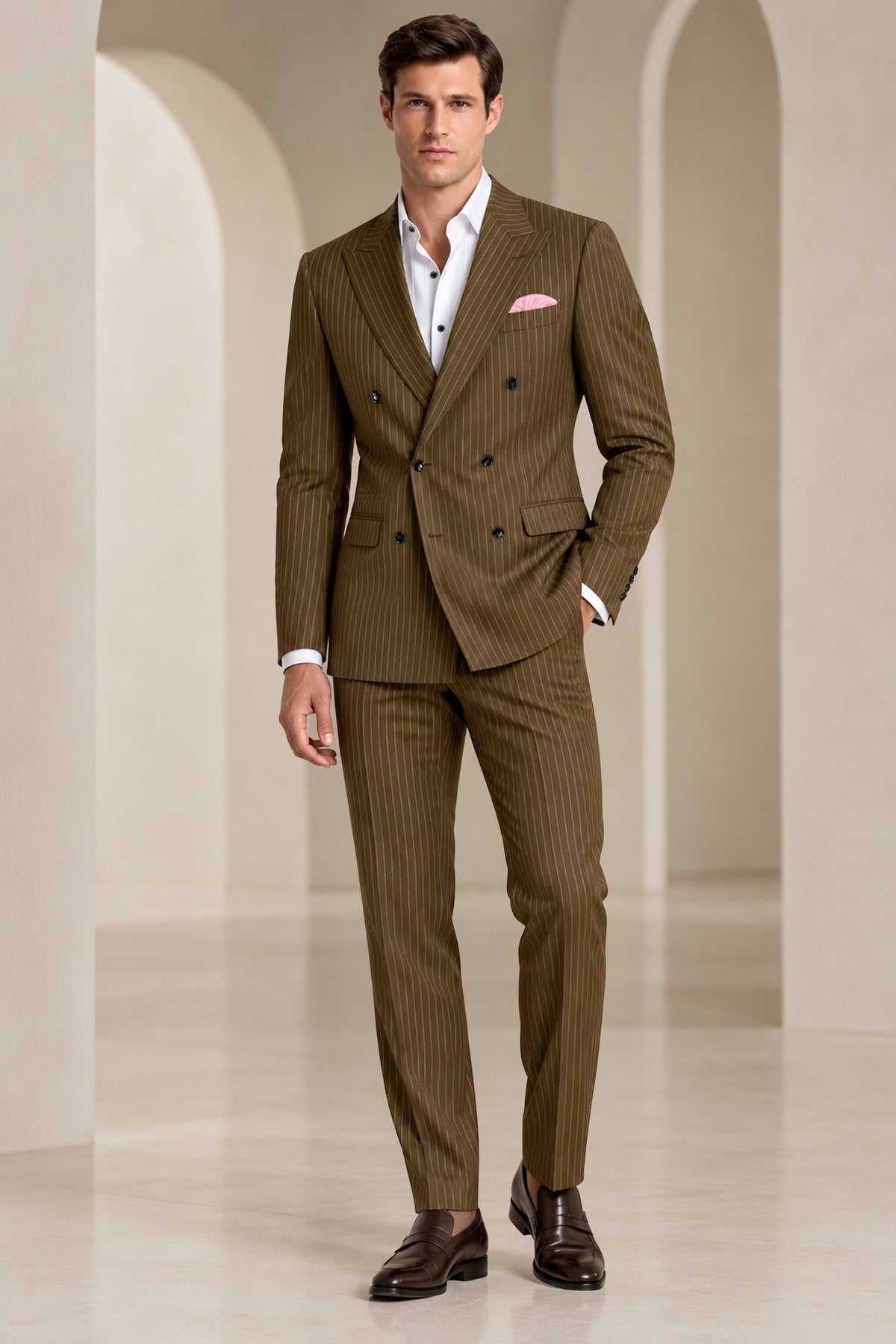 Sable-Antique Brown Chalk Striped Wool Rich Wrinkle-Free Fluid Drape Fabric Double Breasted Suit