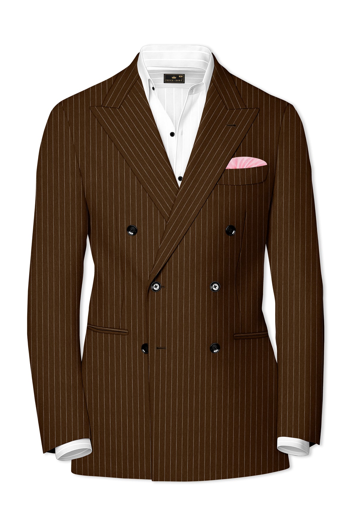 Everton-Clinker Brown Chalk Striped Wool Rich Wrinkle-Free Fluid Drape Fabric Double Breasted Suit