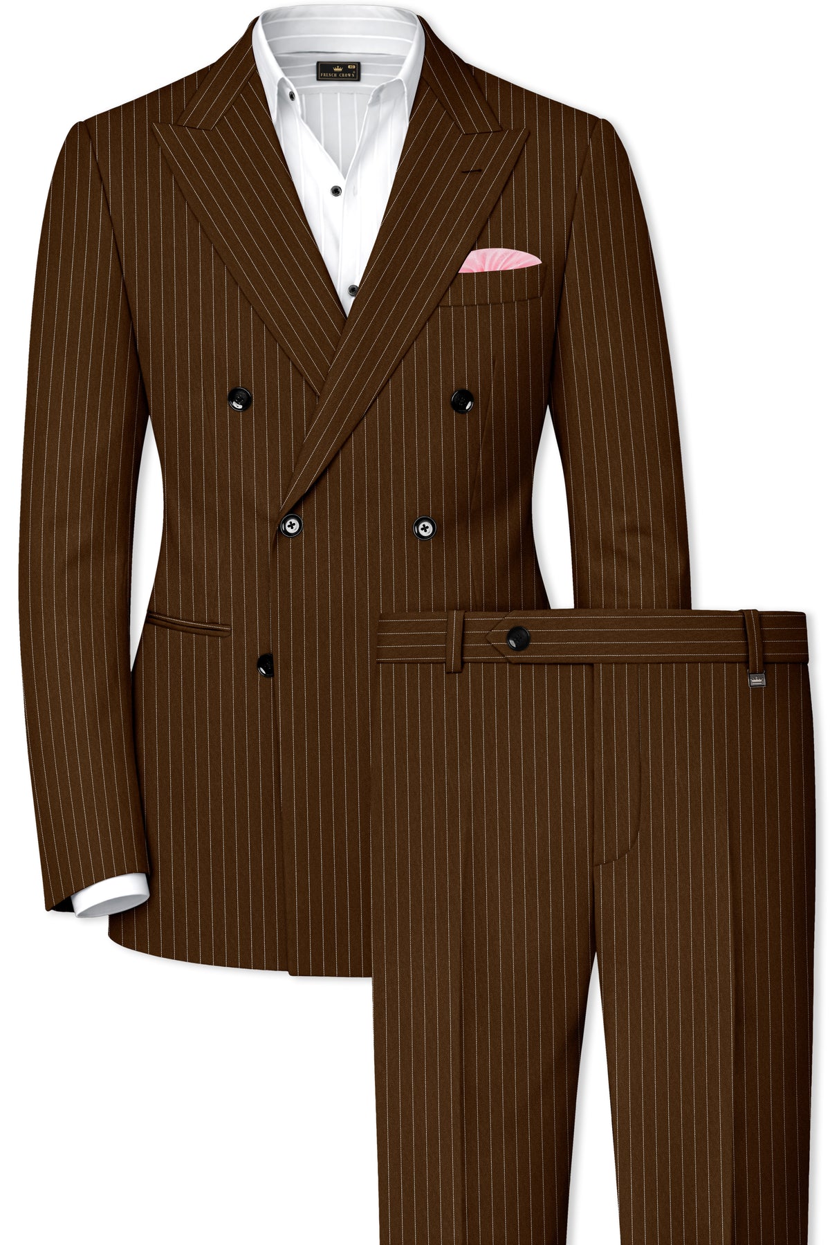 Everton-Clinker Brown Chalk Striped Wool Rich Wrinkle-Free Fluid Drape Fabric Double Breasted Suit
