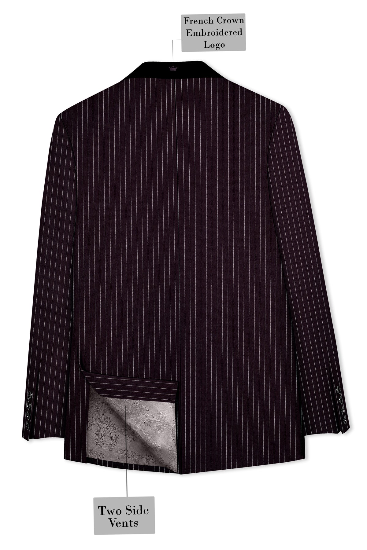 Vesper-Gondola Maroon Chalk Striped Wool Rich Wrinkle-Free Fluid Drape Fabric Tuxedo Suit