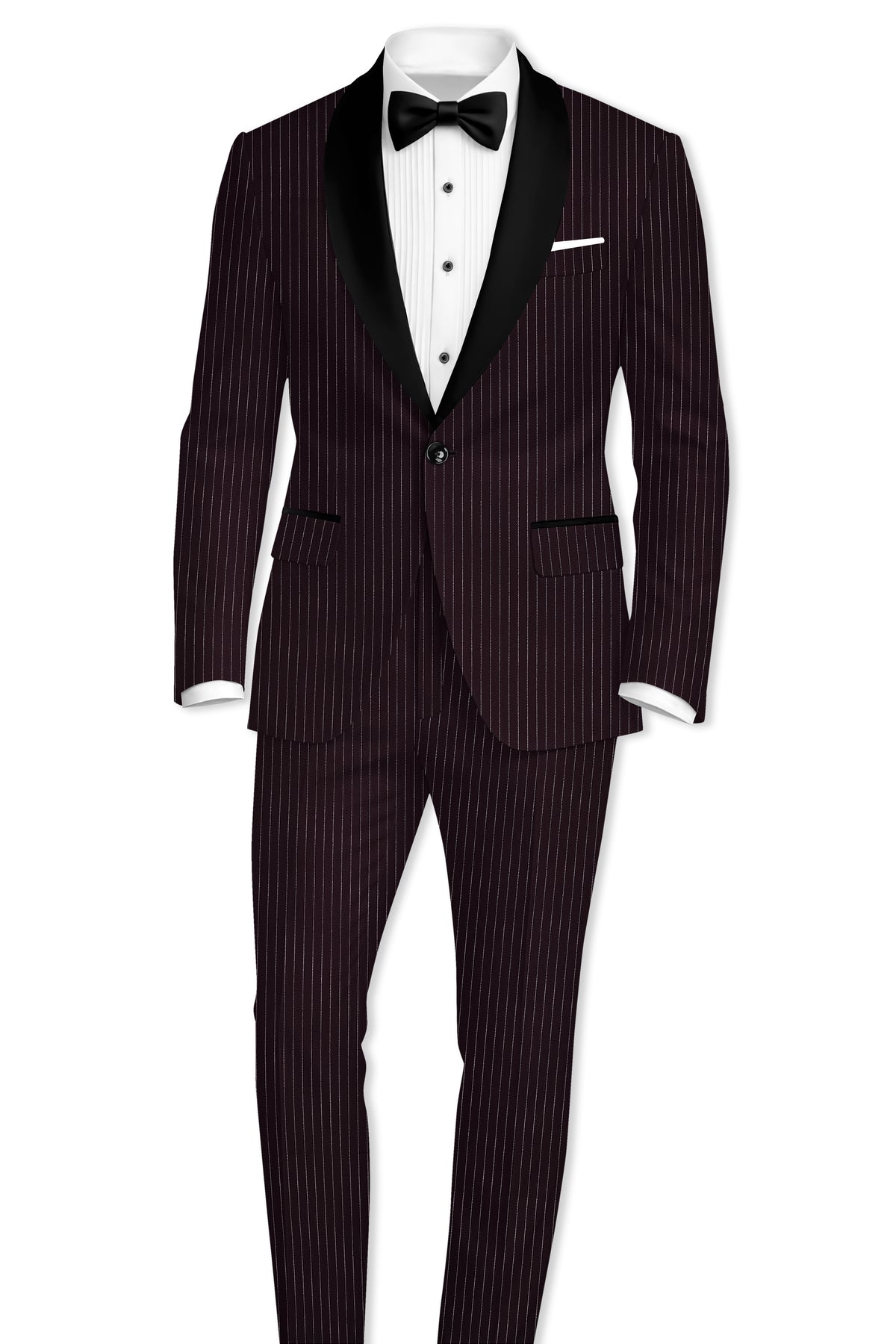 Vesper-Gondola Maroon Chalk Striped Wool Rich Wrinkle-Free Fluid Drape Fabric Tuxedo Suit