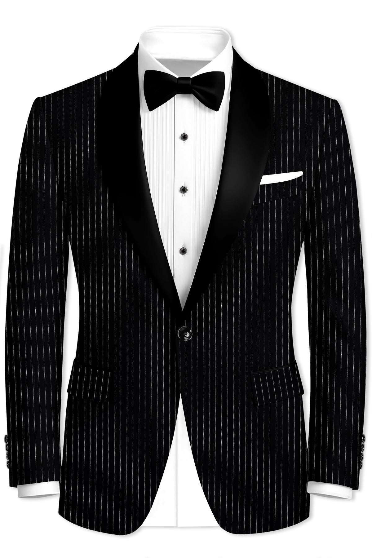 Noble-Jade Black Chalk Striped Wool Rich Wrinkle-Free Fluid Drape Fabric Tuxedo Suit