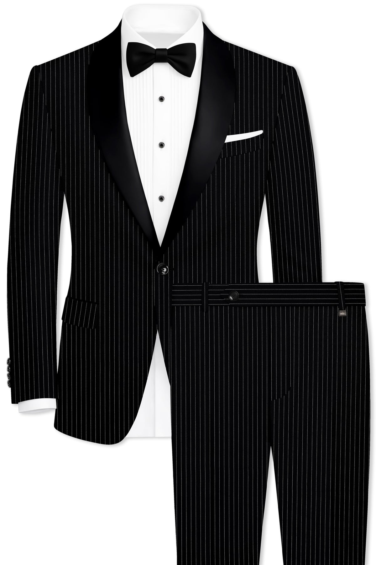 Noble-Jade Black Chalk Striped Wool Rich Wrinkle-Free Fluid Drape Fabric Tuxedo Suit