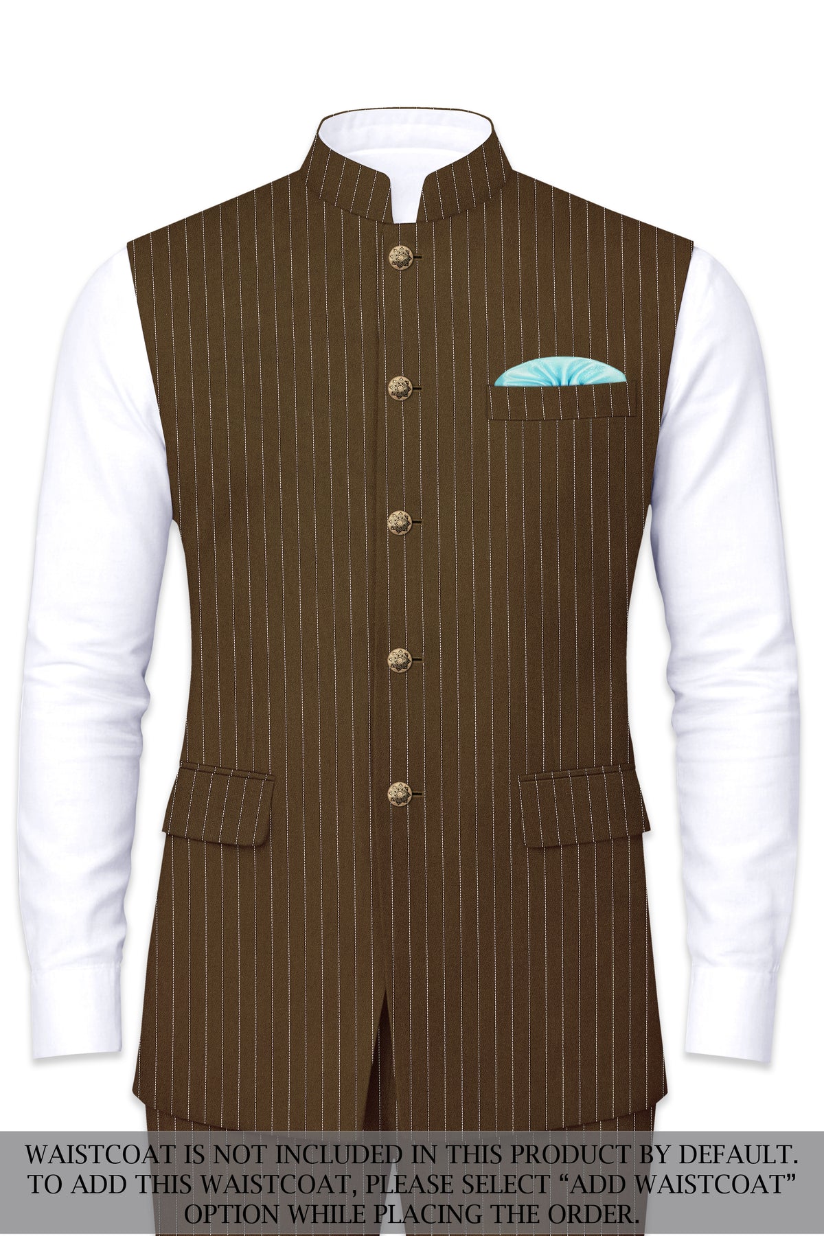 Sable-Antique Brown Chalk Striped Wool Rich Wrinkle-Free Fluid Drape Fabric Cross Bandhgala Suit
