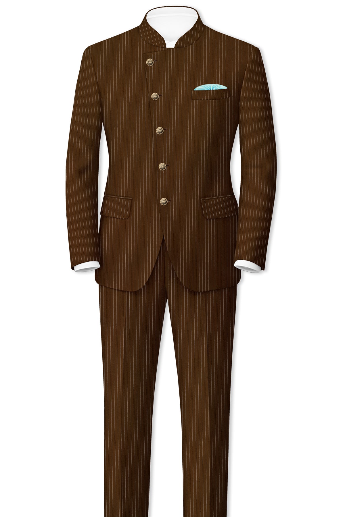 Everton-Clinker Brown Chalk Striped Wool Rich Wrinkle-Free Fluid Drape Fabric Cross Bandhgala Suit