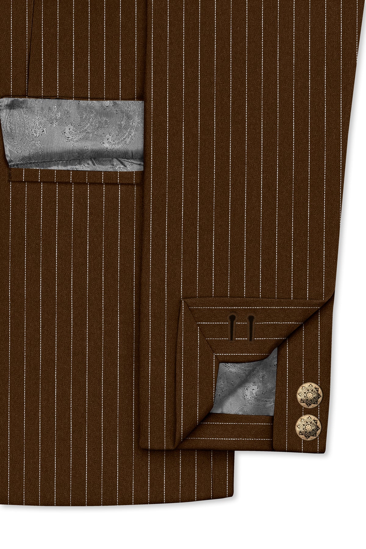 Everton-Clinker Brown Chalk Striped Wool Rich Wrinkle-Free Fluid Drape Fabric Cross Bandhgala Suit