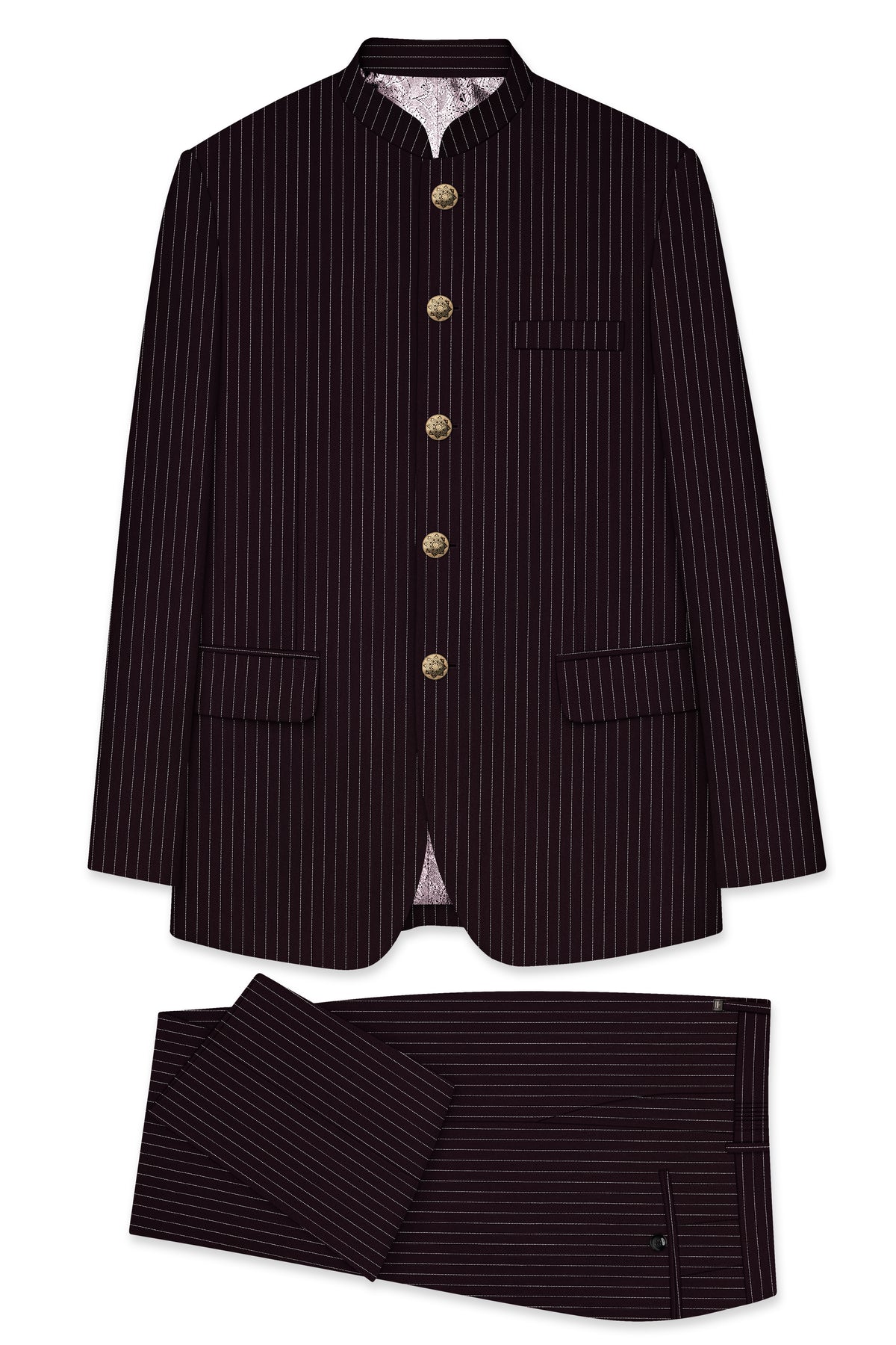 Vesper-Gondola Maroon Chalk Striped Wool Rich Wrinkle-Free Fluid Drape Fabric Bandhgala Suit