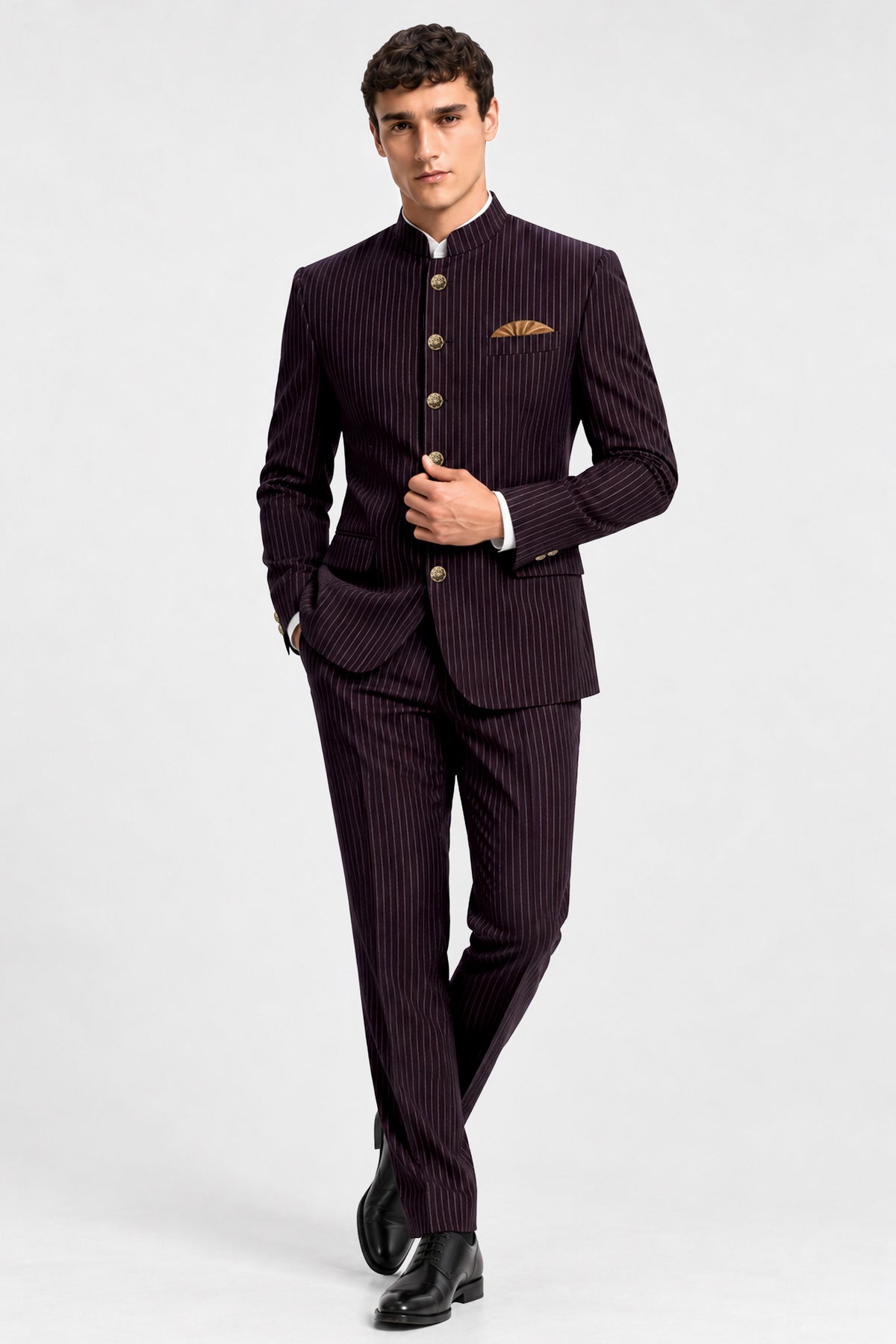 Vesper-Gondola Maroon Chalk Striped Wool Rich Wrinkle-Free Fluid Drape Fabric Bandhgala Suit