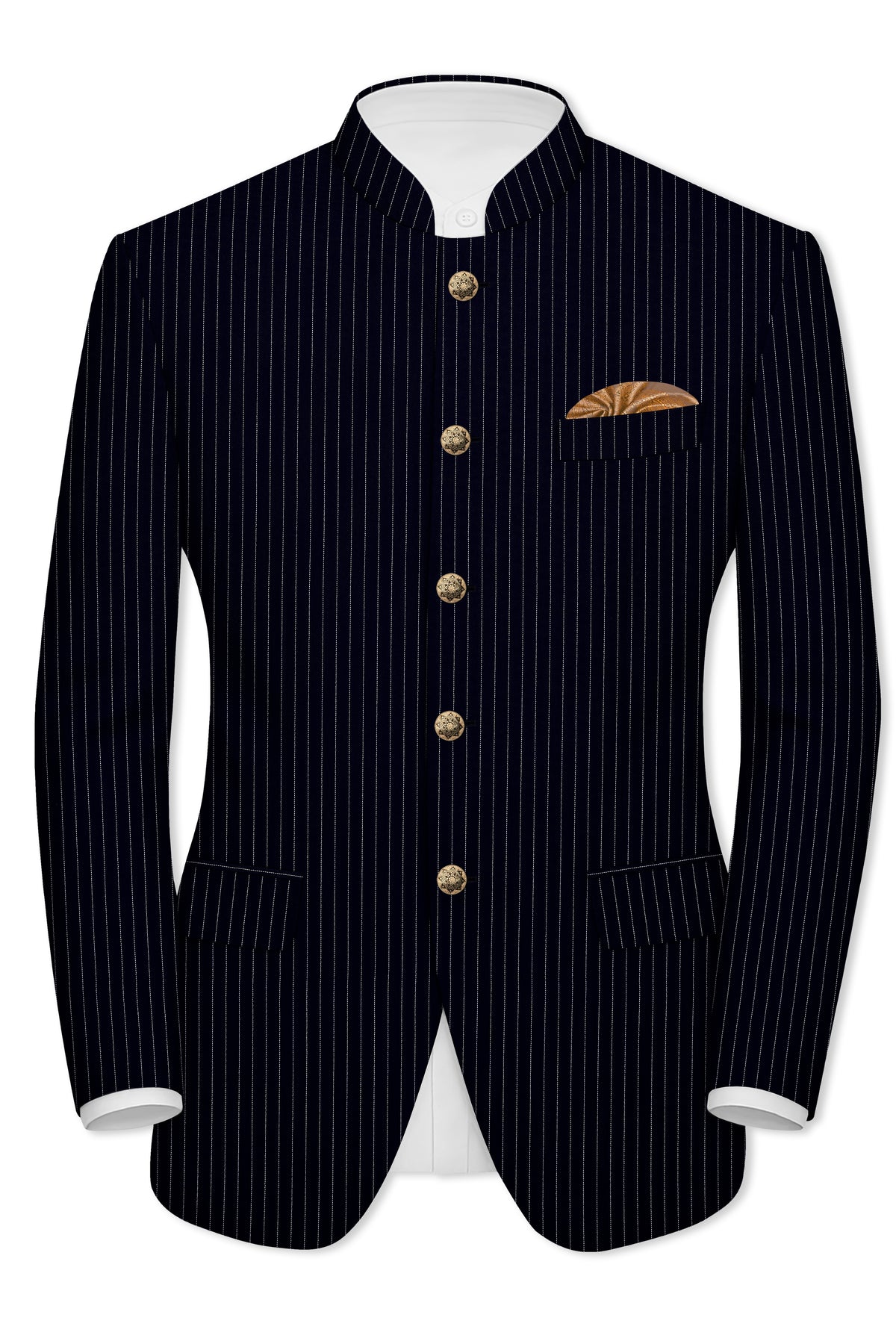 Windsor-Navy Blue Chalk Striped Wool Rich Wrinkle-Free Fluid Drape Fabric Bandhgala Suit