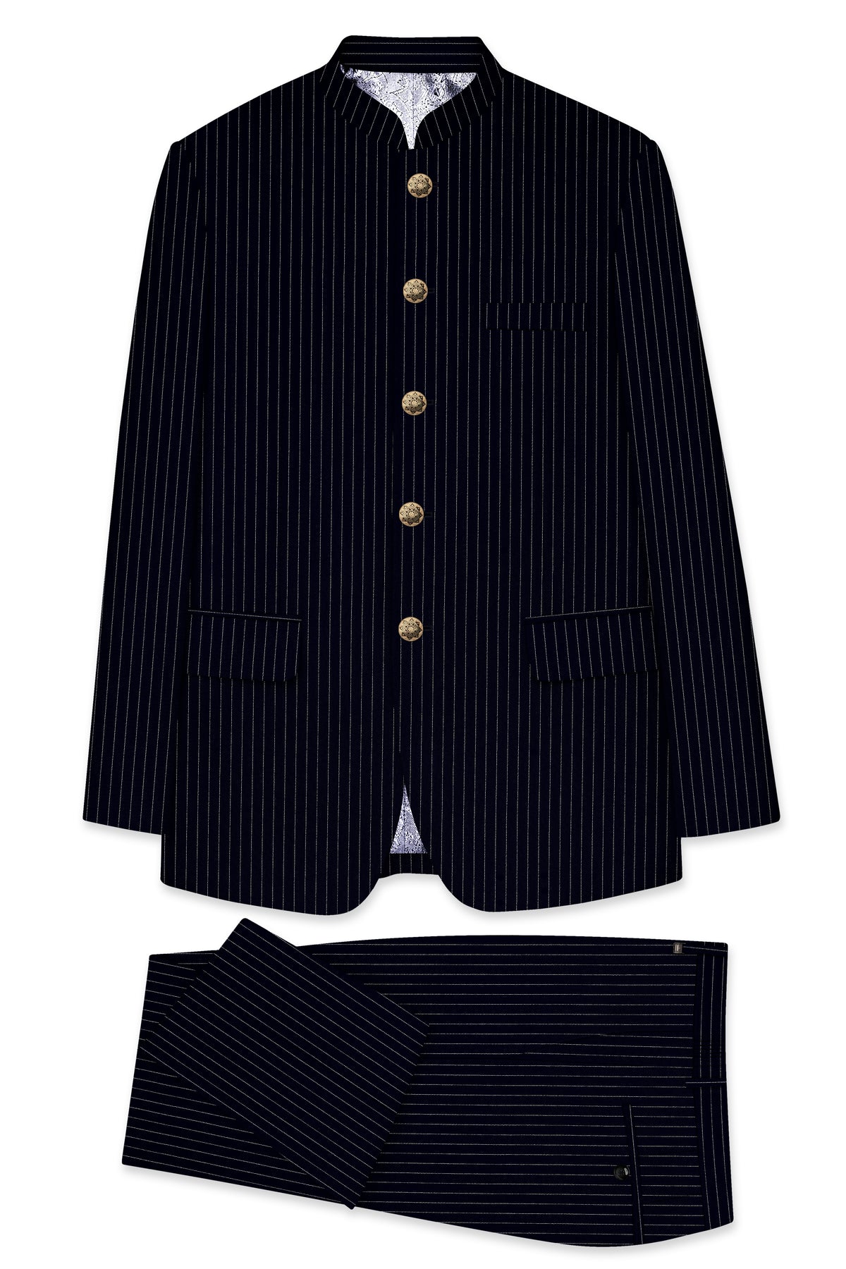 Windsor-Navy Blue Chalk Striped Wool Rich Wrinkle-Free Fluid Drape Fabric Bandhgala Suit