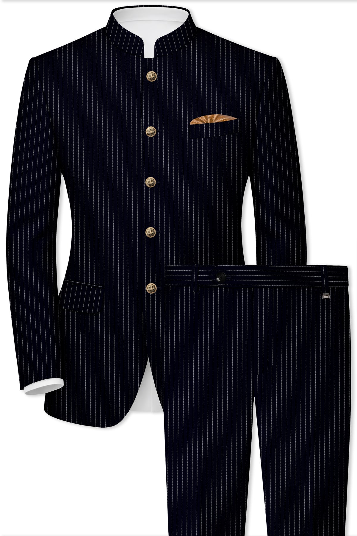 Windsor-Navy Blue Chalk Striped Wool Rich Wrinkle-Free Fluid Drape Fabric Bandhgala Suit