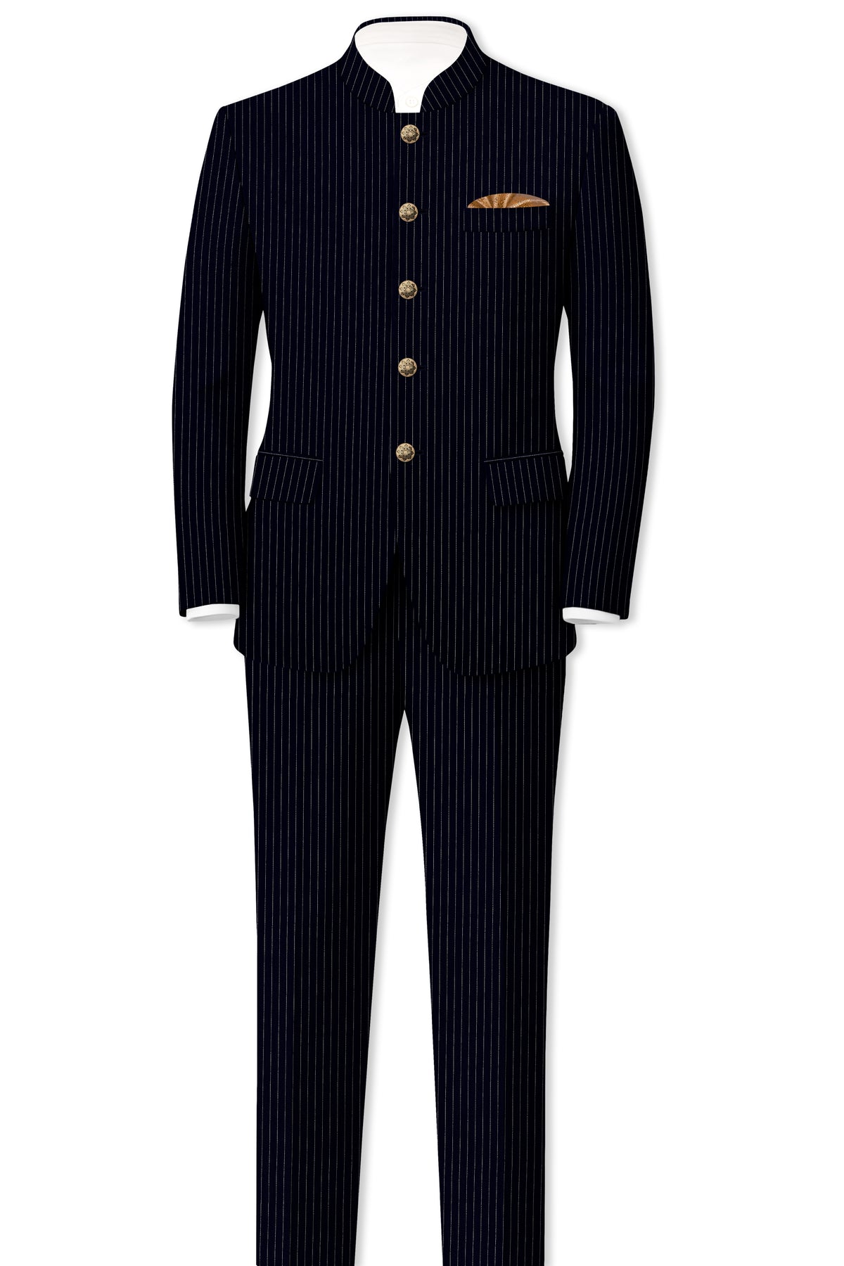 Windsor-Navy Blue Chalk Striped Wool Rich Wrinkle-Free Fluid Drape Fabric Bandhgala Suit