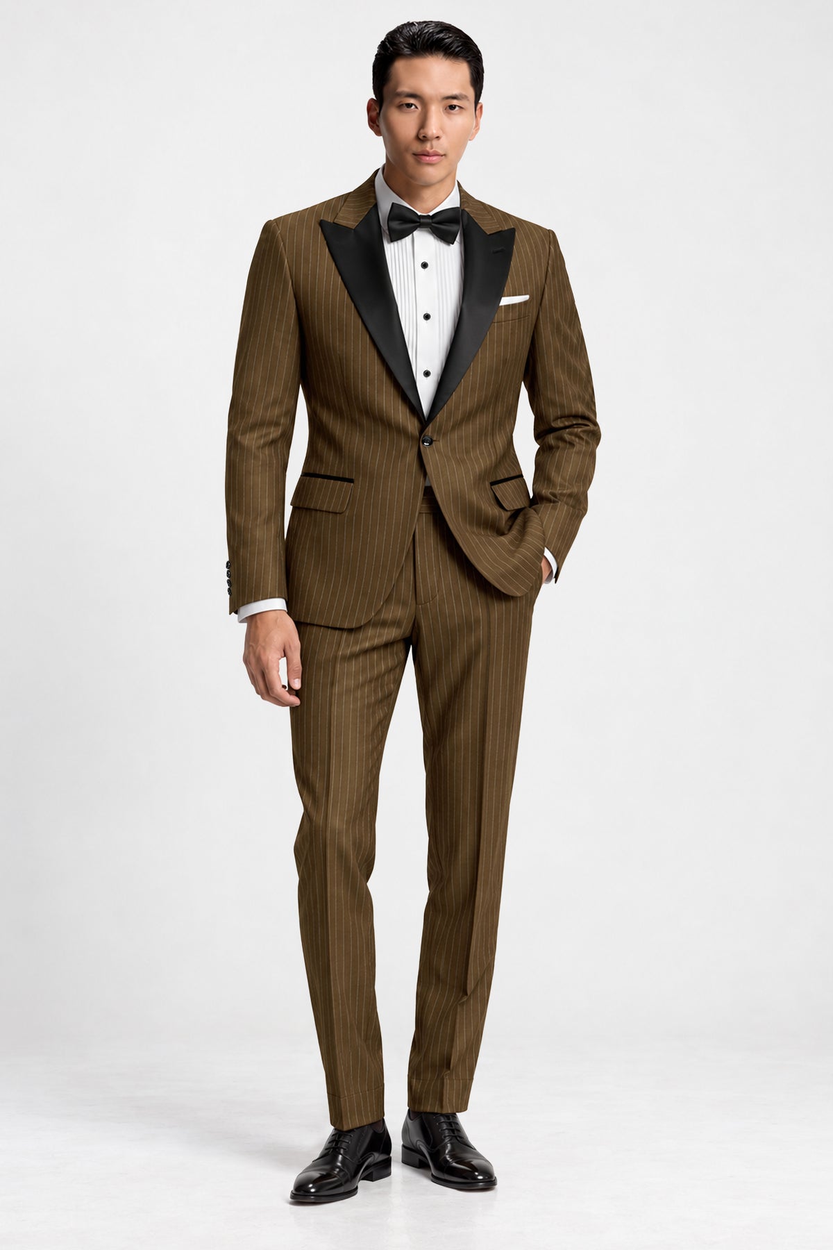 Sable-Antique Brown Chalk Striped Wool Rich Wrinkle-Free Fluid Drape Fabric Peak Lapel Tuxedo Suit