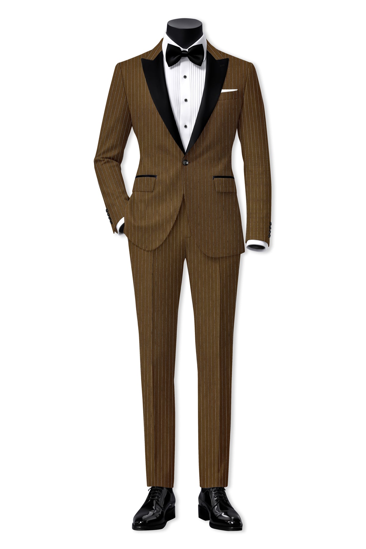 Sable-Antique Brown Chalk Striped Wool Rich Wrinkle-Free Fluid Drape Fabric Peak Lapel Tuxedo Suit
