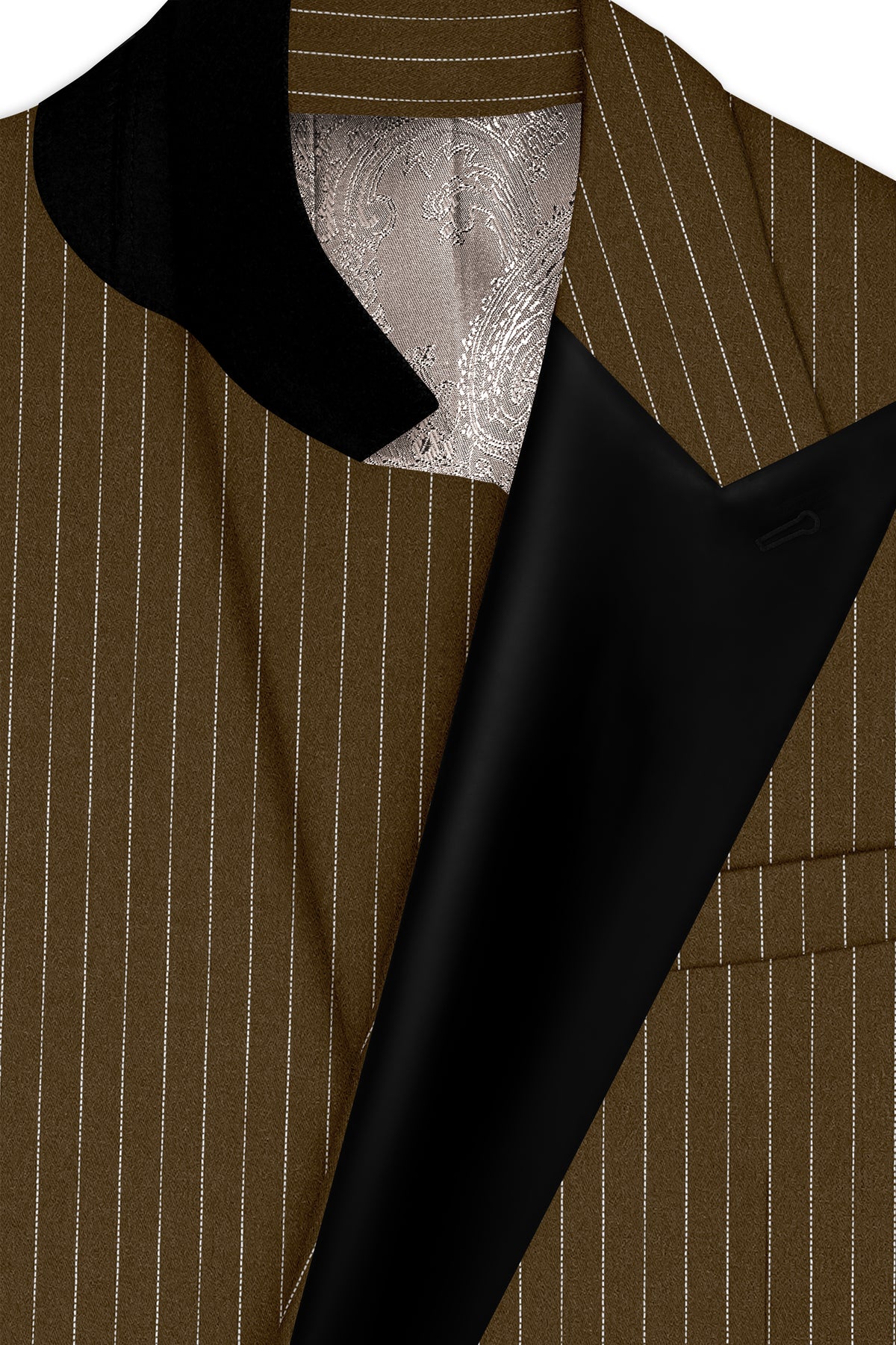 Sable-Antique Brown Chalk Striped Wool Rich Wrinkle-Free Fluid Drape Fabric Peak Lapel Tuxedo Suit
