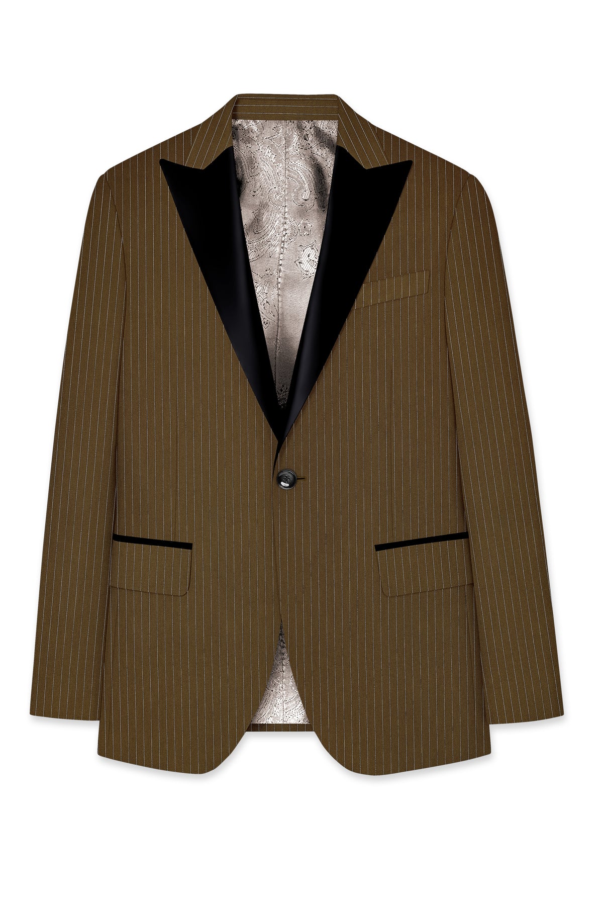 Sable-Antique Brown Chalk Striped Wool Rich Wrinkle-Free Fluid Drape Fabric Peak Lapel Tuxedo Suit