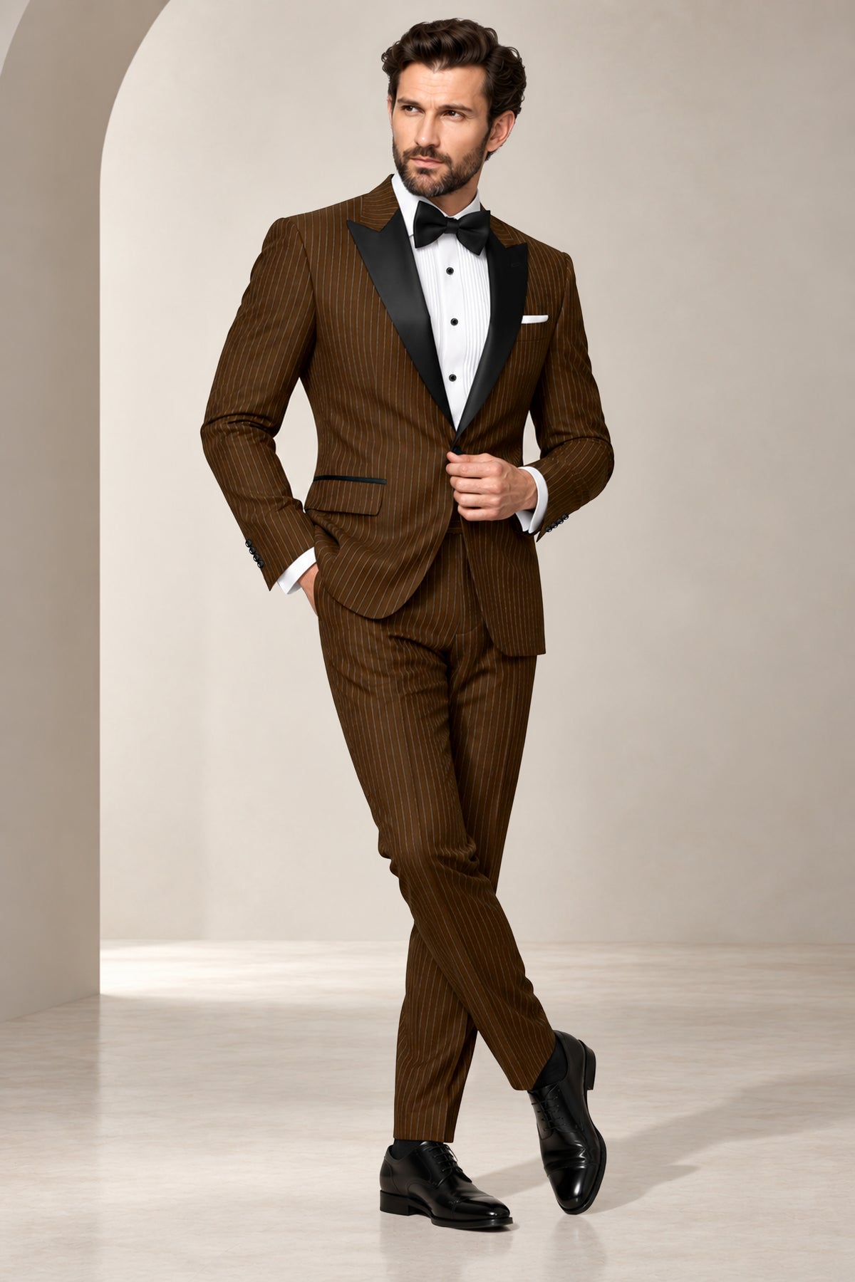 Everton-Clinker Brown Chalk Striped Wool Rich Wrinkle-Free Fluid Drape Fabric Peak Lapel Tuxedo Suit