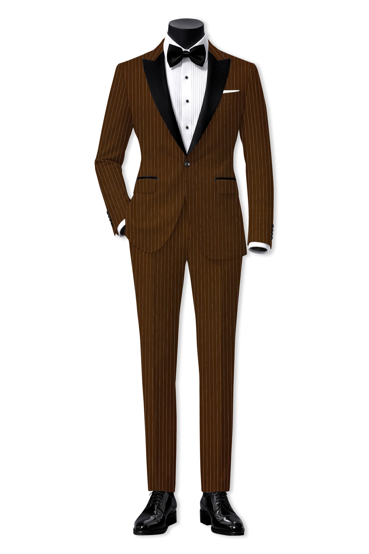 Everton-Clinker Brown Chalk Striped Wool Rich Wrinkle-Free Fluid Drape Fabric Peak Lapel Tuxedo Suit
