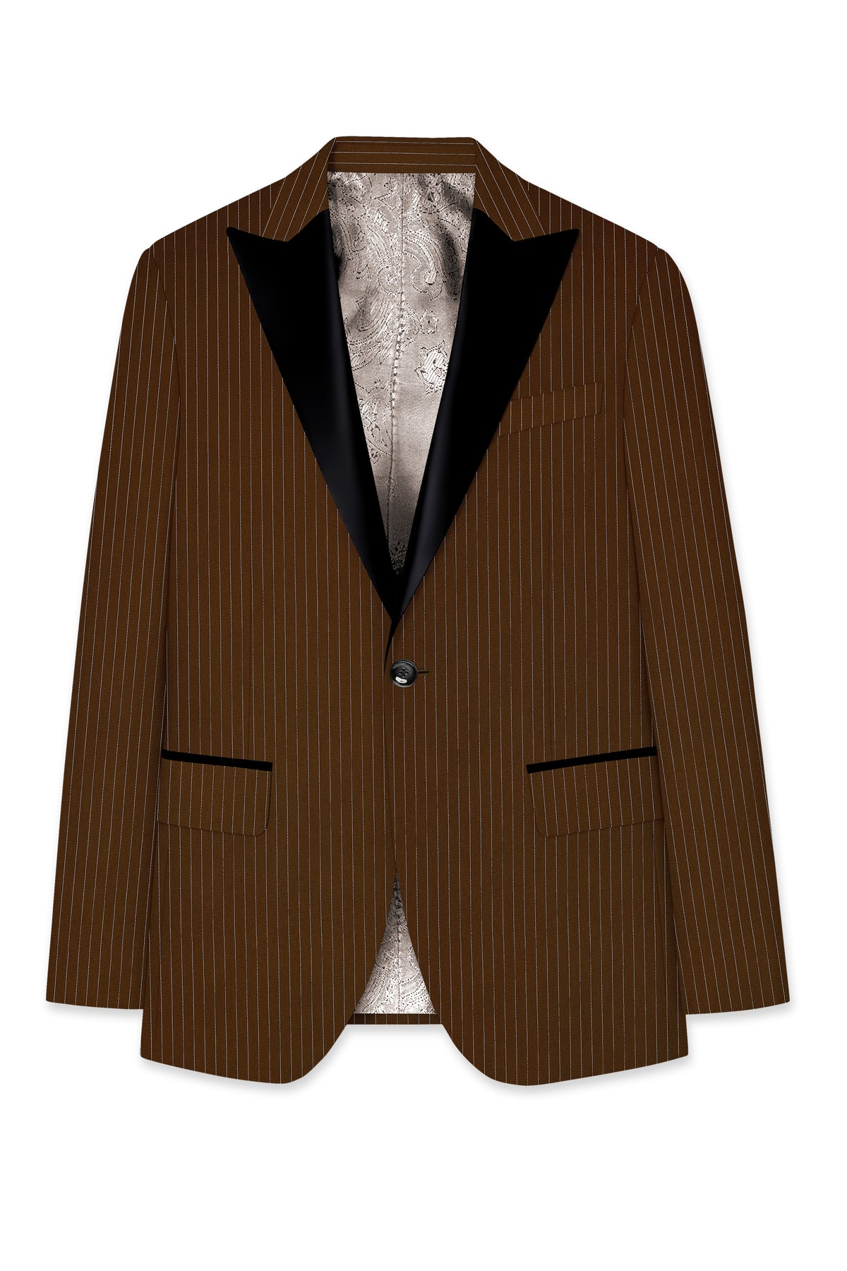 Everton-Clinker Brown Chalk Striped Wool Rich Wrinkle-Free Fluid Drape Fabric Peak Lapel Tuxedo Suit